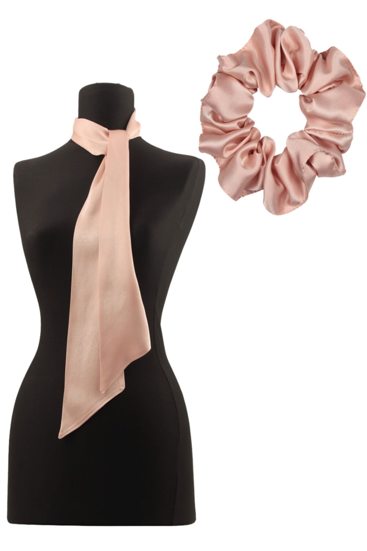 Silk INN Ipek Saten Fular Pudra Pembe Fular + Büyük Boy Toka 10/135cm