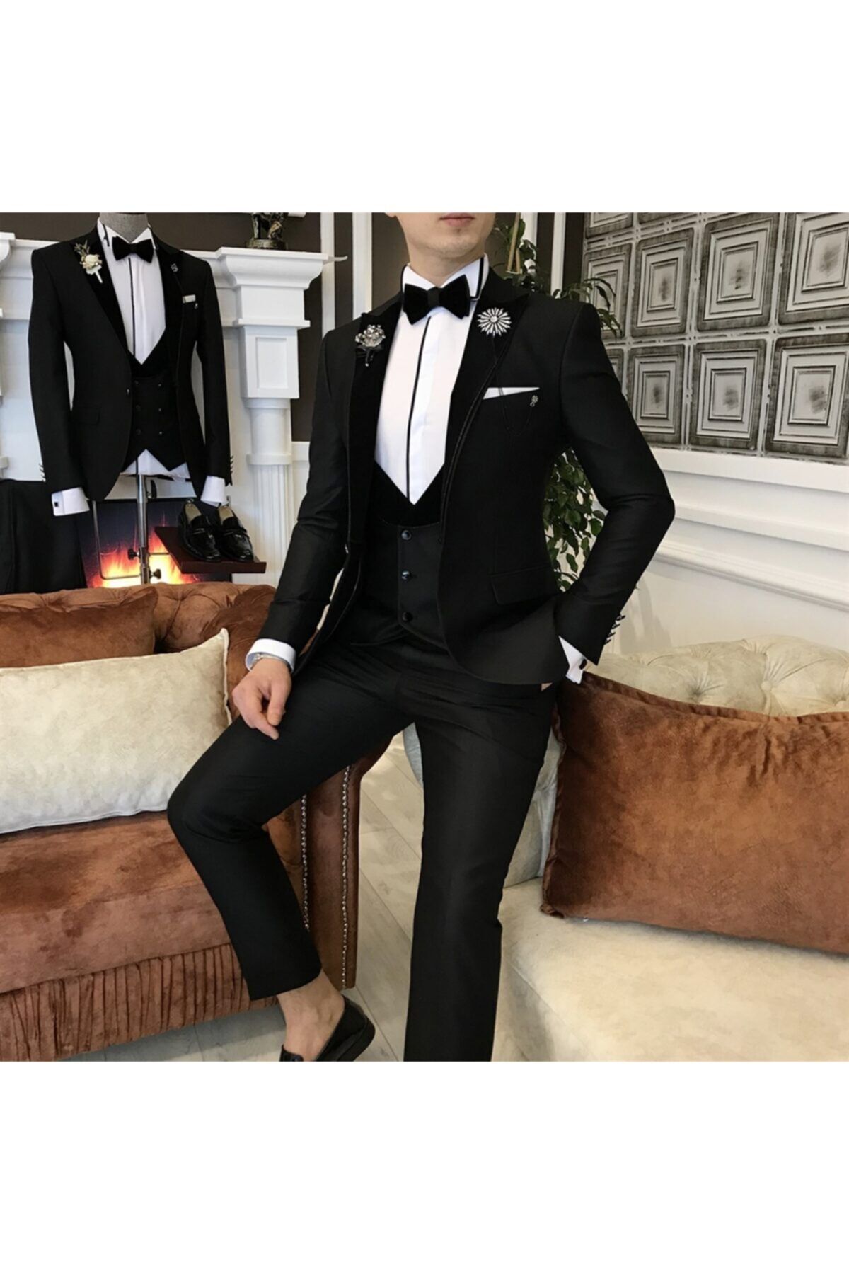 TerziAdemAltun Italyan Kesim Ceket Yelek Pantolon Simli Yaka Damatlık Set Siyah T4549