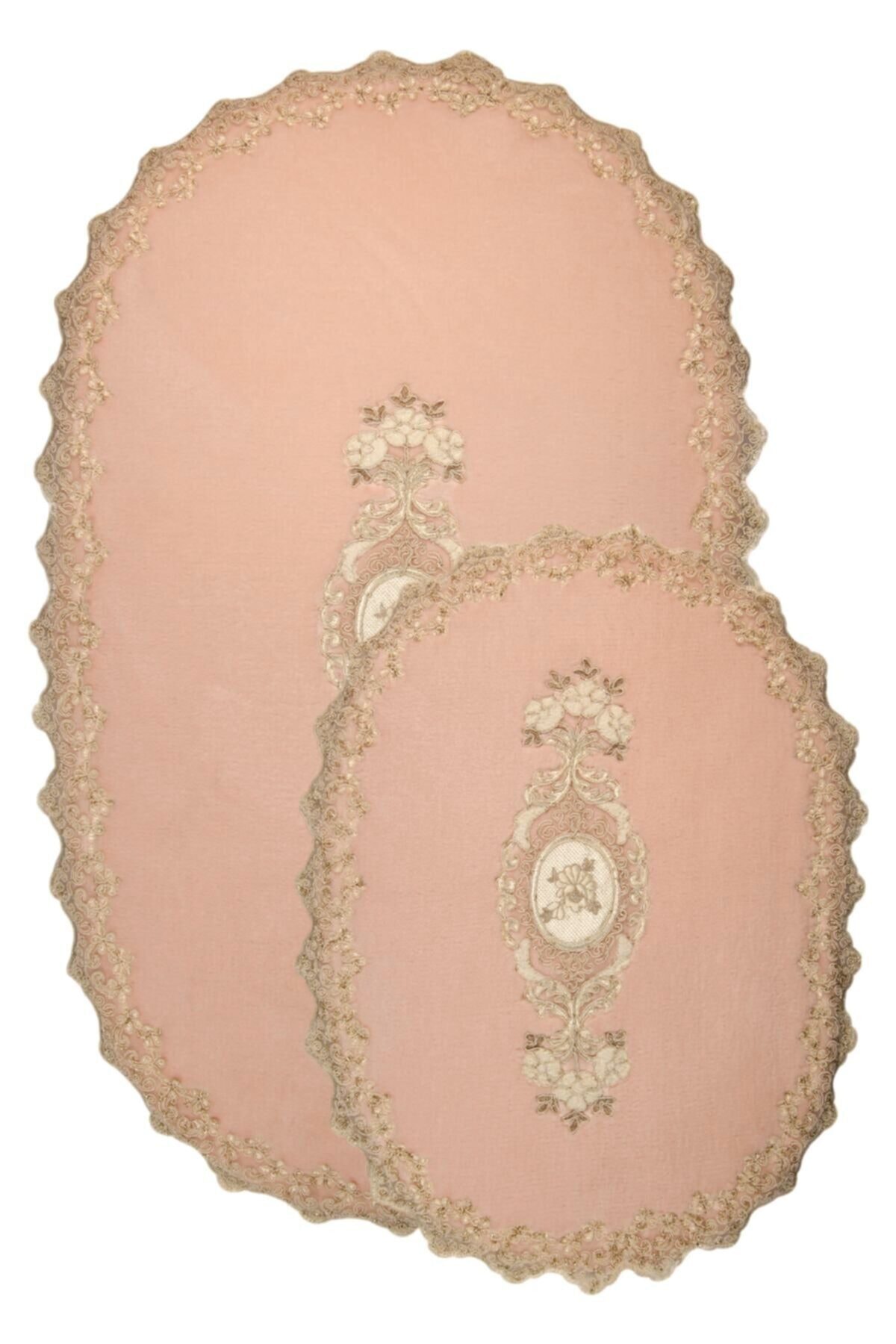 Bonny Home Pudra Lisa 2li Oval Çeyizlik Fransız Dantelli Aplikli Klozet Takımı Banyo Paspas Seti