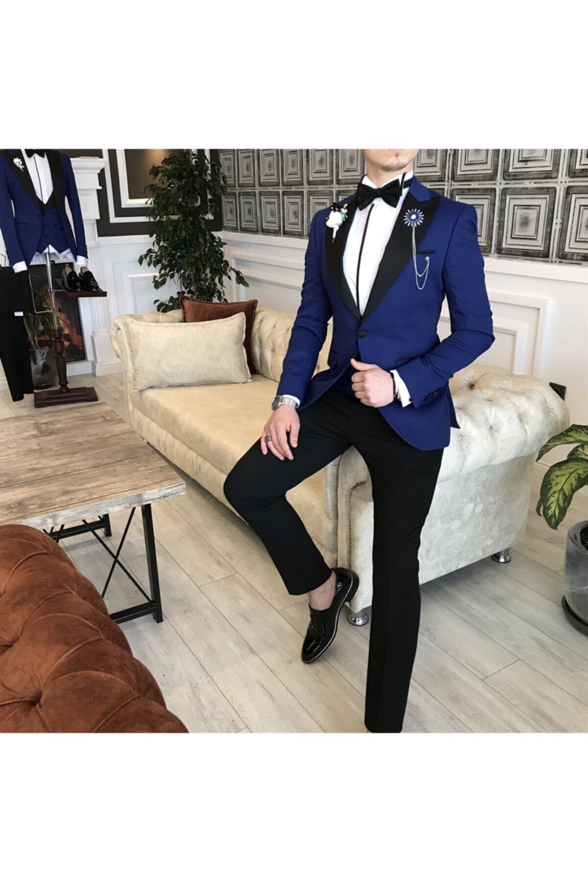 TerziAdemAltun Erkek Lacivert İtalyan Kesim Ceket Yelek Pantolon Damatlık Set T3463