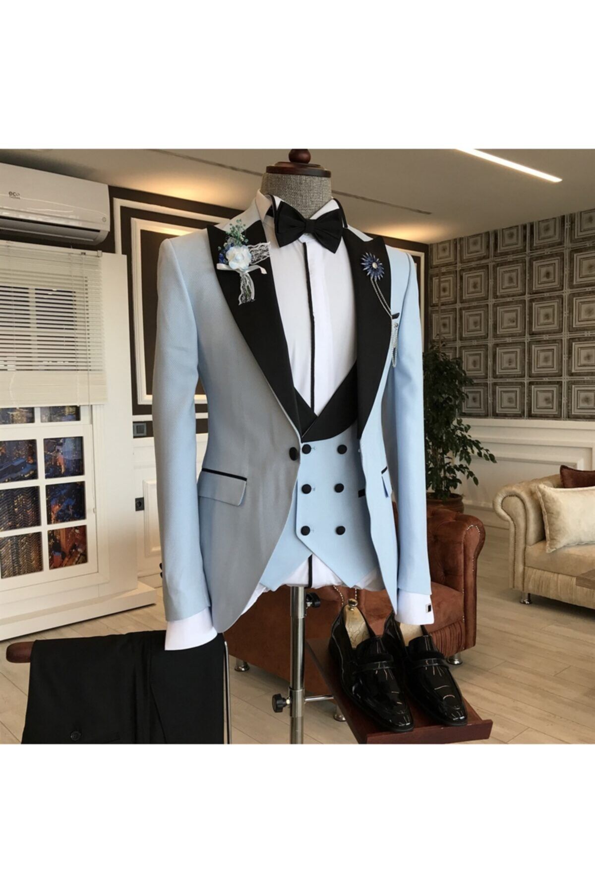 TerziAdemAltun Italyan Kesim Ceket Yelek Pantolon Mavi Damatlık Set T3461