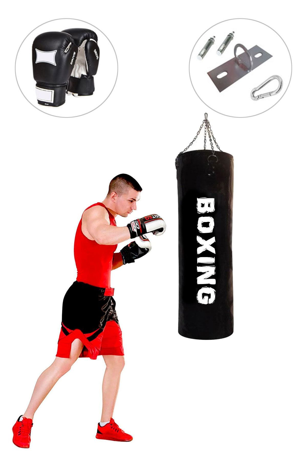 Spor Byfit 100 Cm x 35 Cm Siyah Zincirli Boks Torbası + Boks Eldiveni + Tavan Askı Aparatı - DOLU