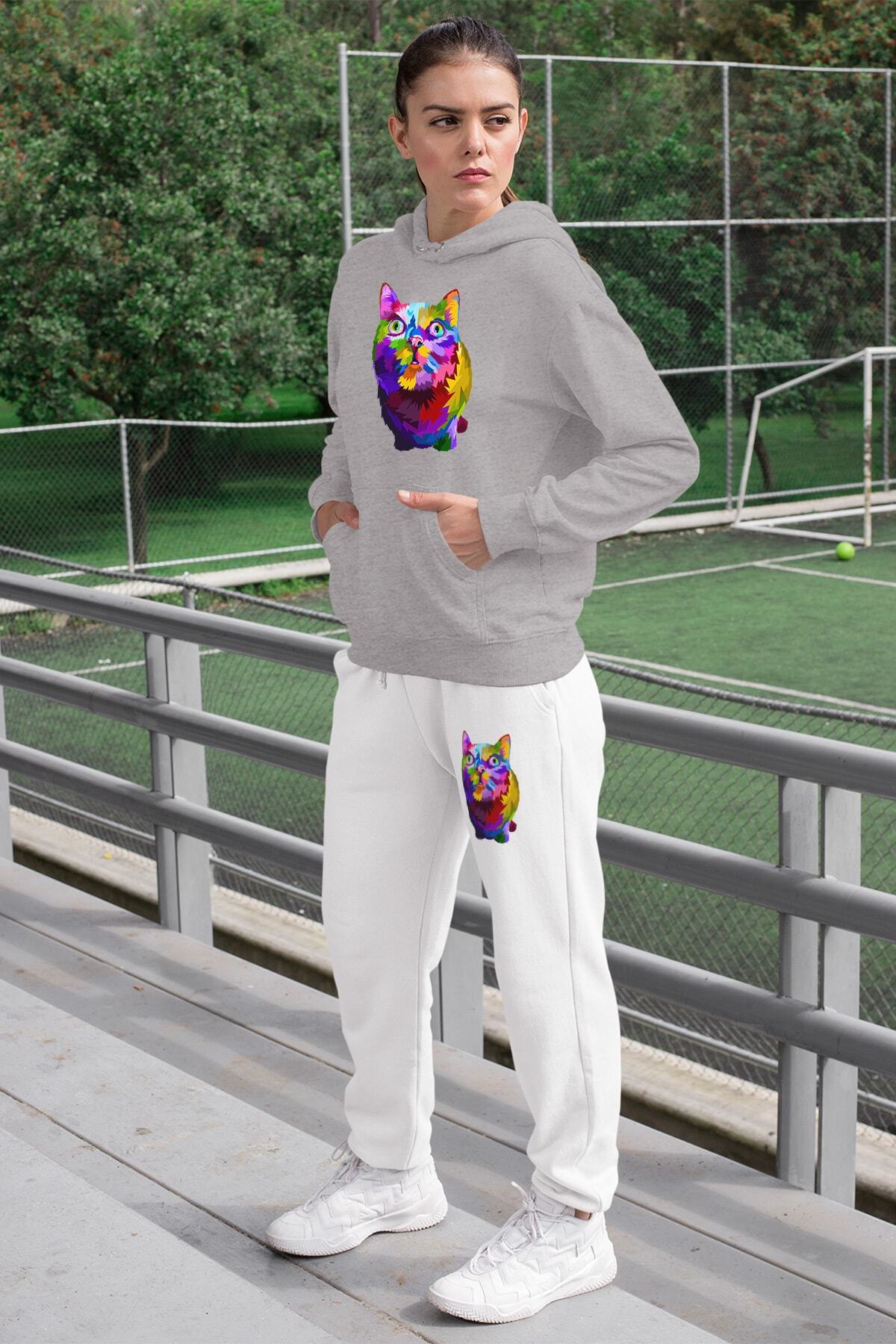 Angemiel Kadın Eşofman Takımı Gri Kapşonlu Sweatshirt Beyaz Eşofman Altı