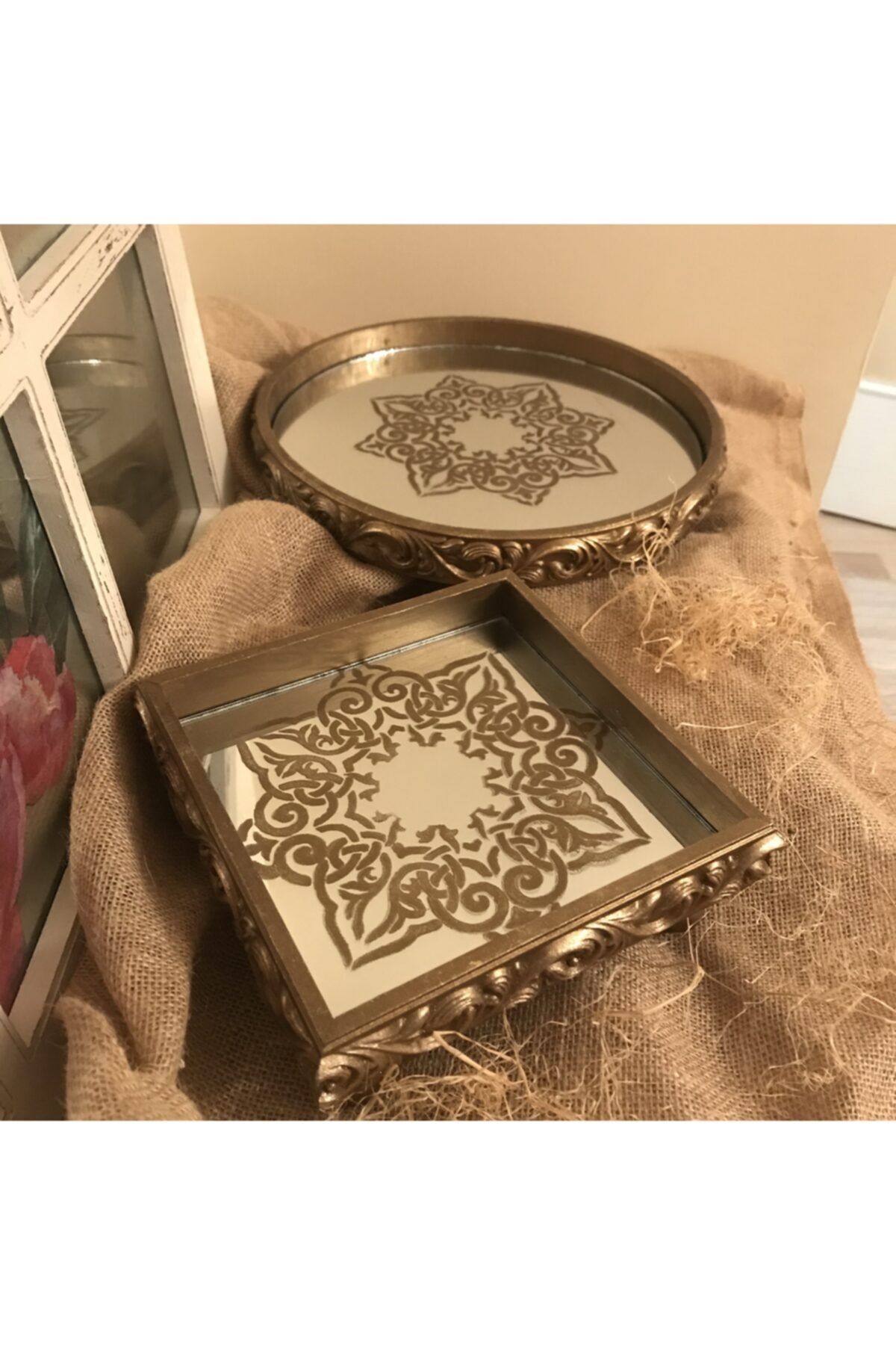 Doğa Home Design Dekoratif Oymalı Sunumluk/ Jardinyer+peçetelik Set
