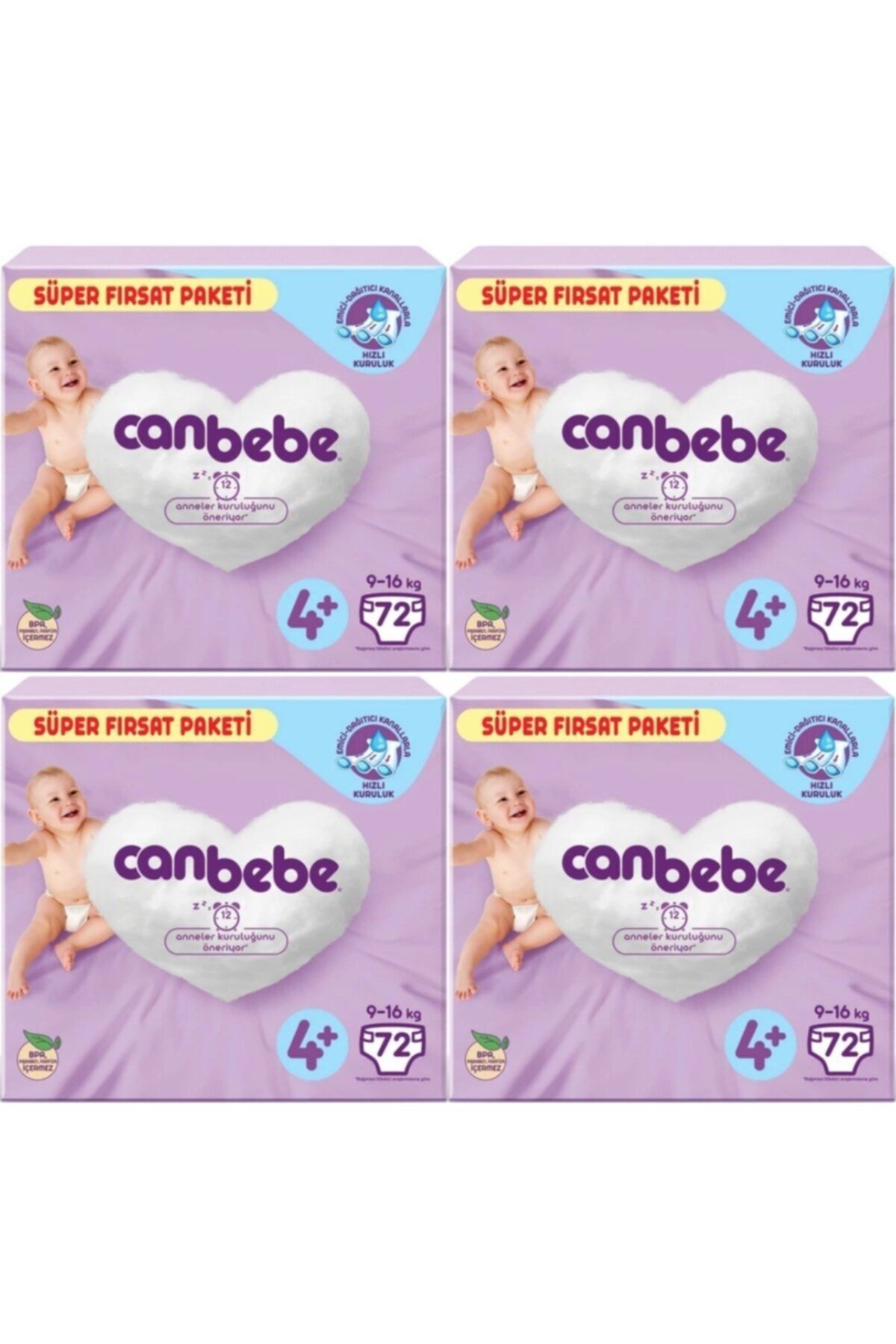 Canbebe Bebek Bezi Süper Fırsat Paketi No:4+ 9-16 kg 72 Ad x 4 Lü Set