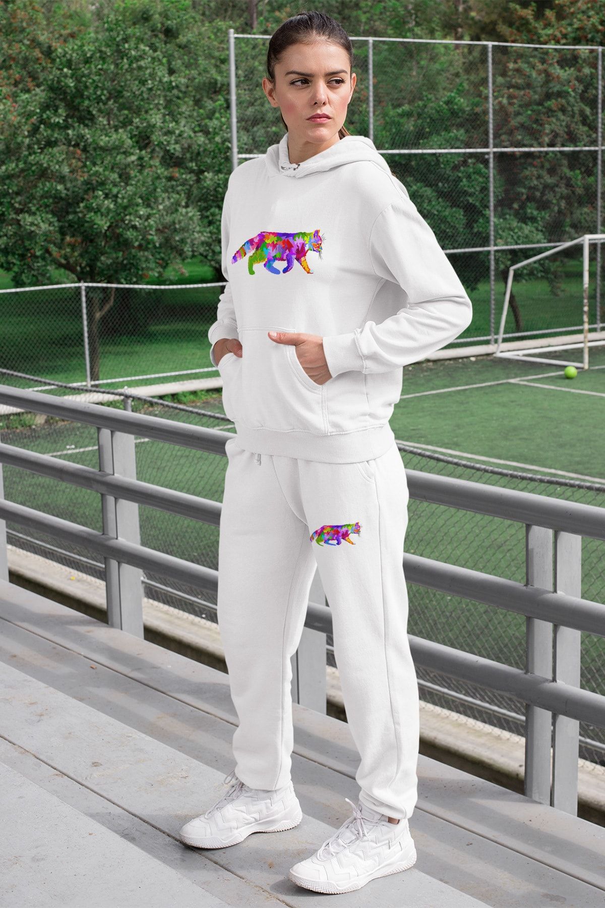 Angemiel Wear Yürüyen Tatlı Rengarenk Kadın Eşofman Takımı Beyaz Kapşonlu Sweatshirt Beyaz Eşofman Altı