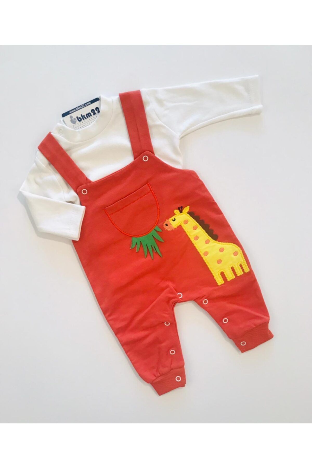 bkm22 Unisex Bebek Turuncu Zürafalı Salopet Tulum