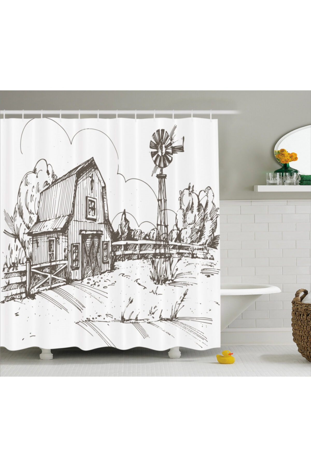 Orange Venue Nostaljik Duş Perdesi El Çizimi Antik Gri Çizgili Çiftlik Evi