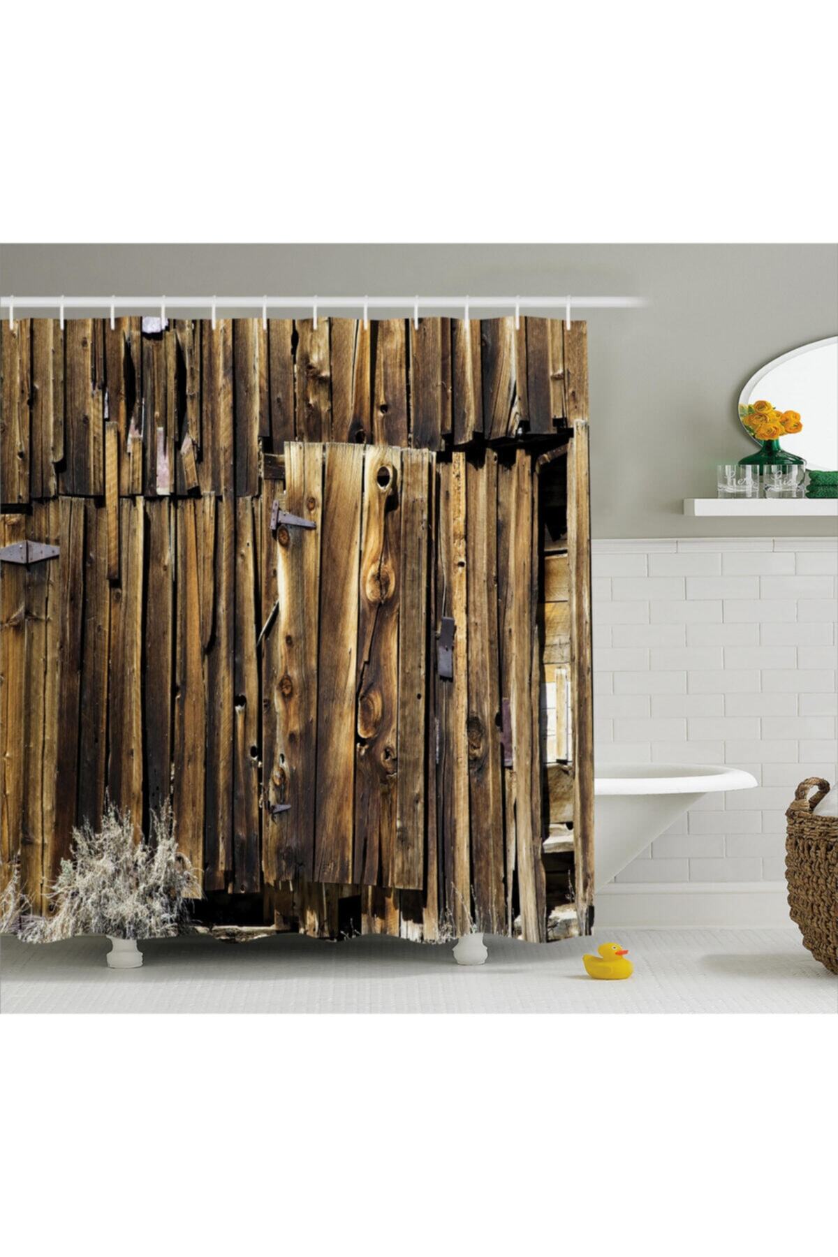 Orange Venue Retro Duş Perdesi Nostaljik Ahşap Temalı