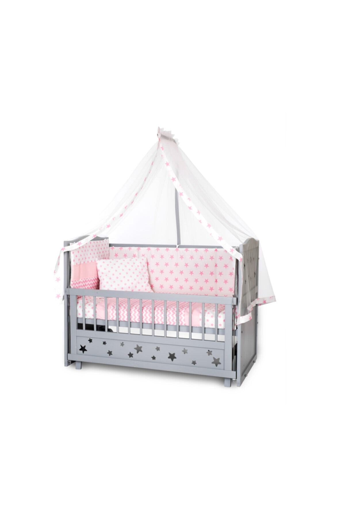 bamgidoo Lake Gri Yıldızlı 3 Kadameli Anne Yanı Beşik 60x120 - Kck Pembe Uyku Setli Soft Ortapedik Yataklı