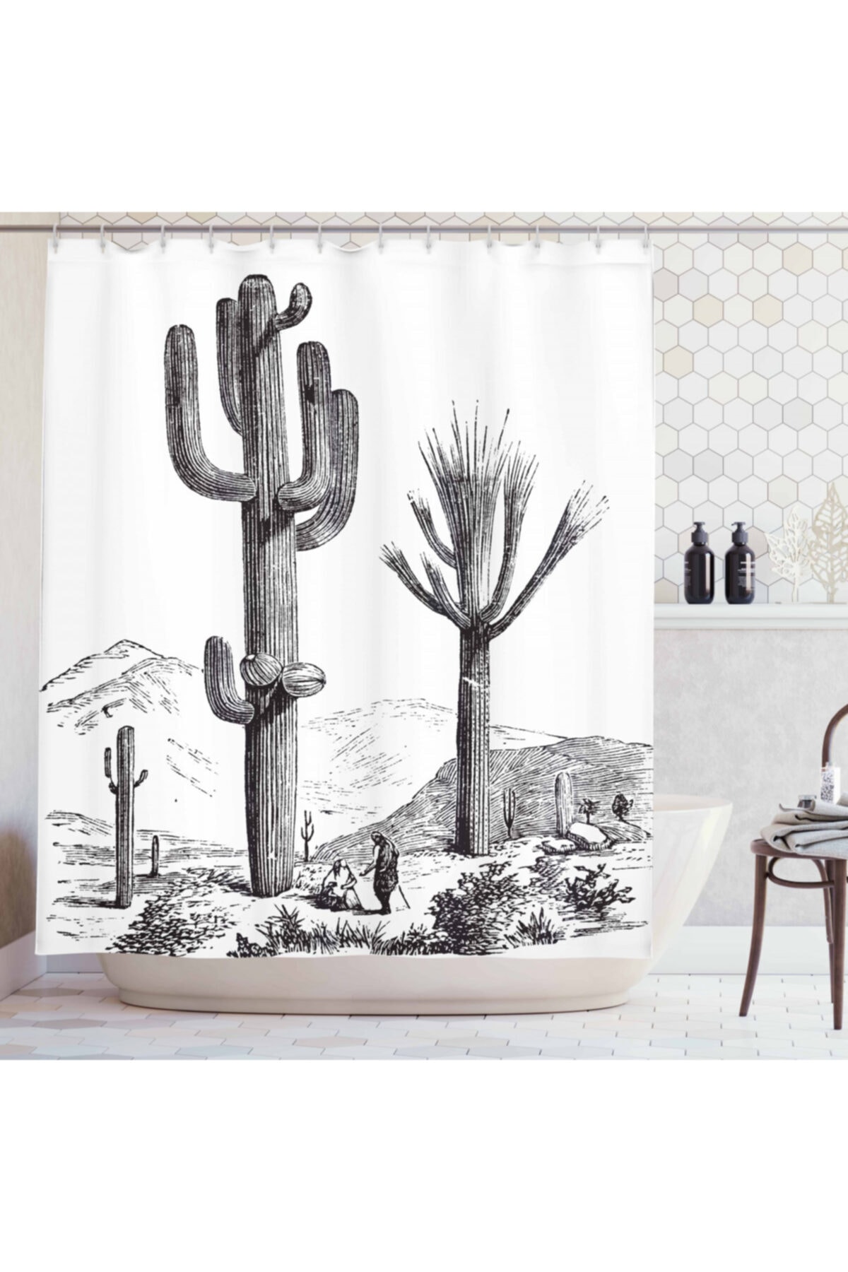 Orange Venue Sanatsal Duş Perdesi Siyah Beyaz Kaktüs