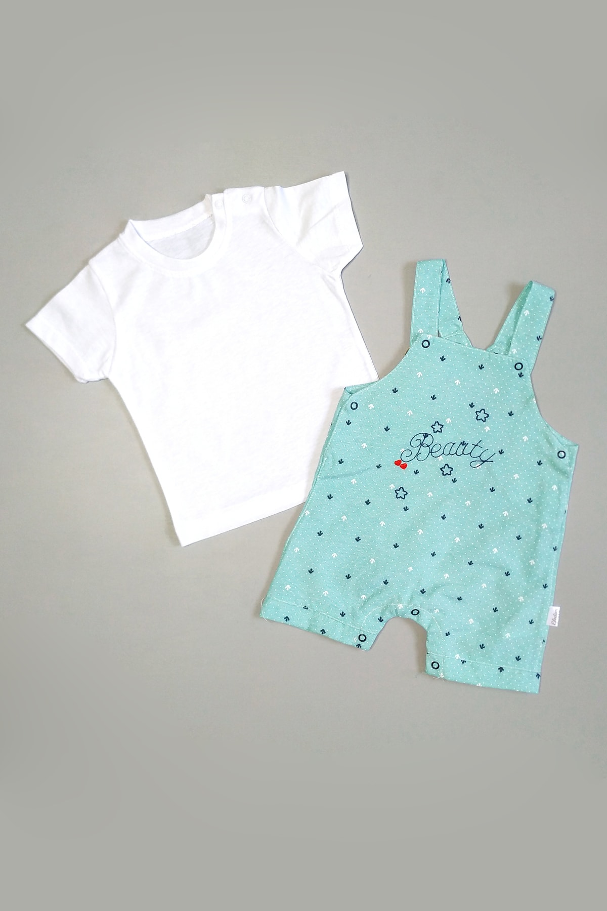 Tiny World Beauty Nakışlı 2'li Kız Bebek Şort Salopet Takım