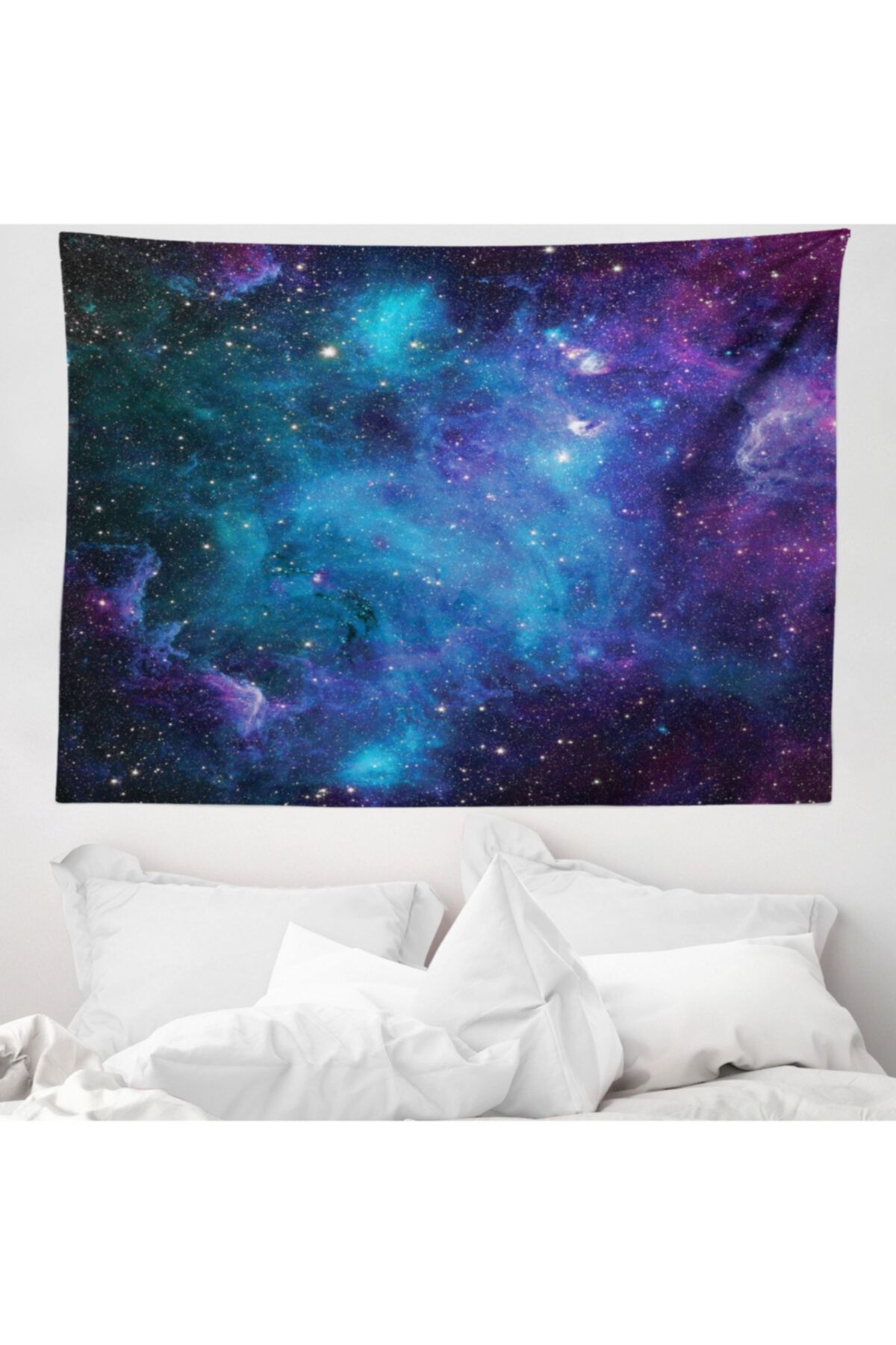 Rengirenk Uzay Mikrofiber Geniş Duvar Halısı Mavi Mor Nebula Desenli