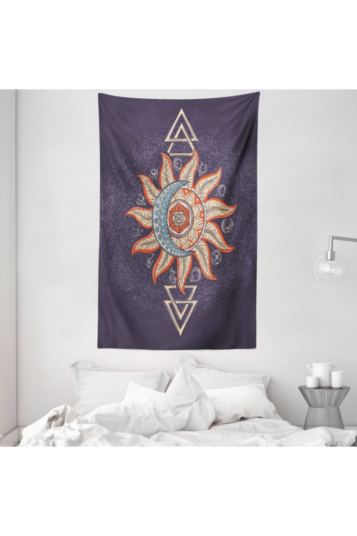 Rengirenk Geometrik Mikrofiber Duvar Halısı Eskitilmiş Zeminde Güneş Çizimli Poster