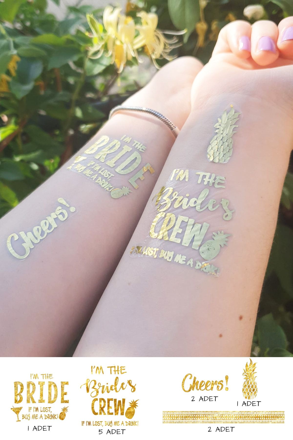 PEKSHOP Bride Flash Tattoo Paketi, Ananas Temalı Altın Varaklı Geçici Dövme