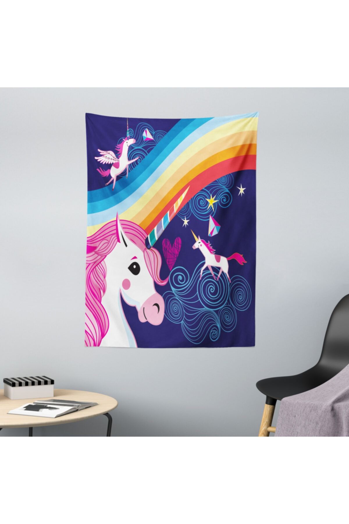 Rengirenk Unicorn Mikrofiber Duvar Halısı Gökkuşağı İle Birlikte Uçan Unicornlar