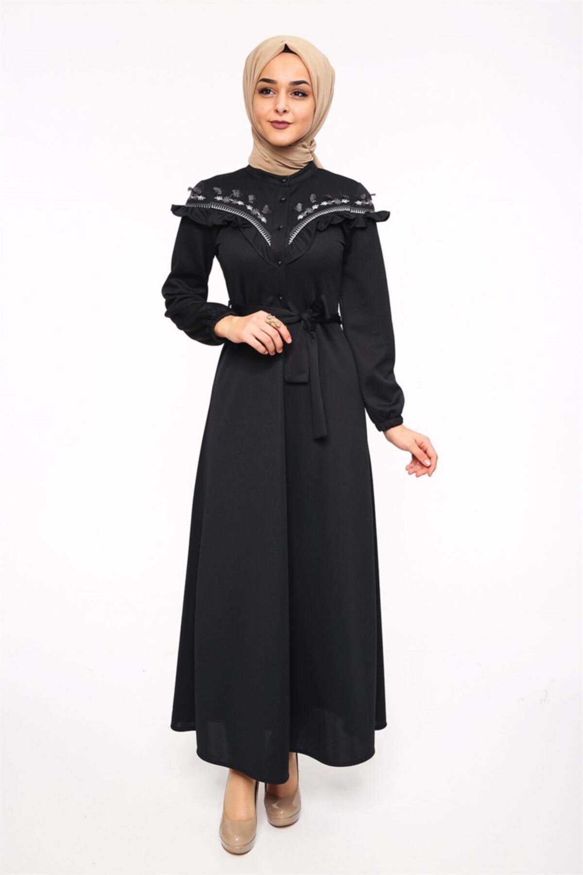 MODA STORE Önden Nakışlı Tesettür Elbise 5460 Siyah