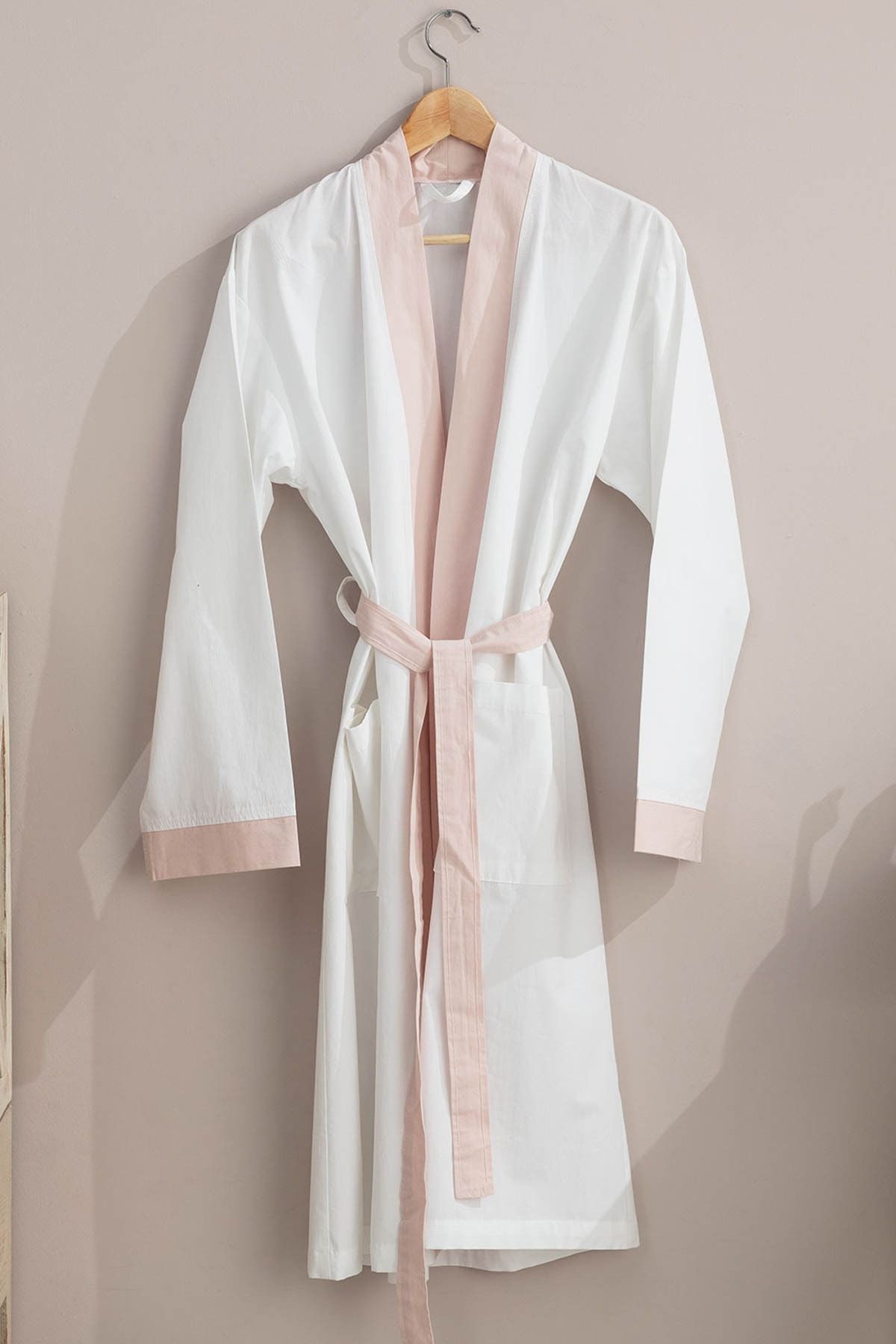 Madame Coco Platt Kimono Percale Bornoz - Beyaz / Pudra