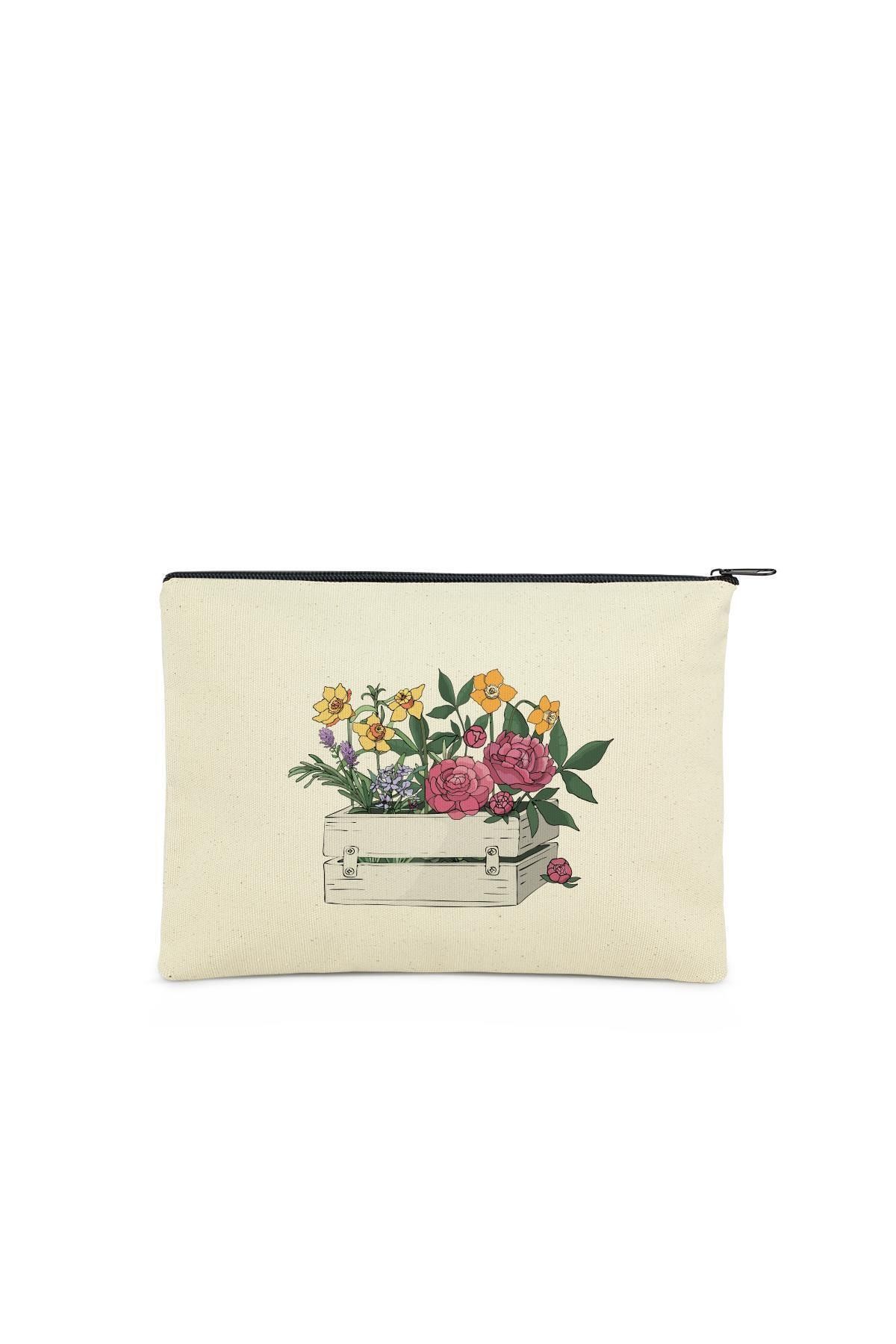 Çınar Bez Çanta Clutch Kasada Çiçek Kanvas Makyaj Çantası