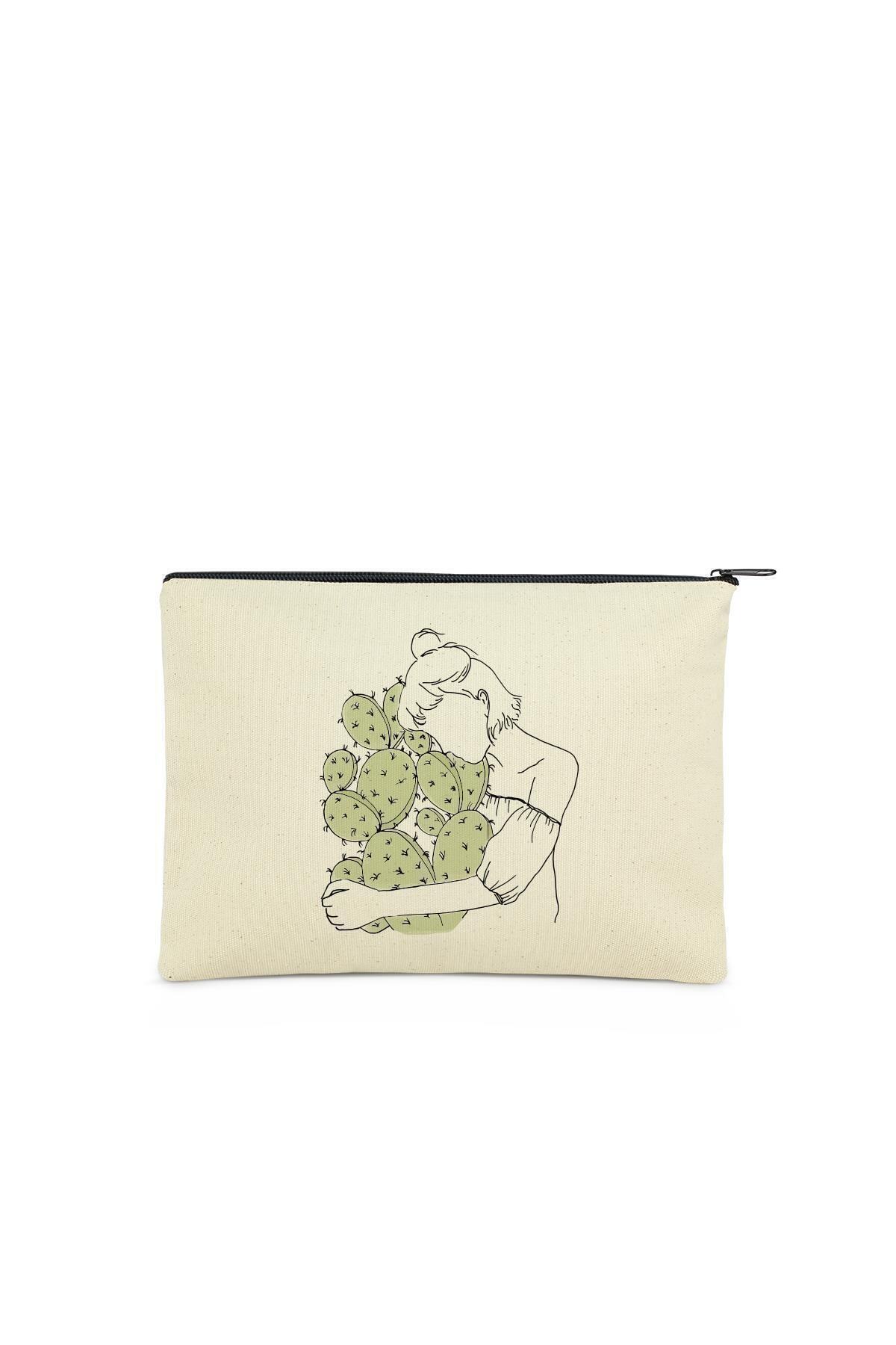 Çınar Bez Çanta Clutch Kaktüse Sarılan Kız Kanvas Makyaj Çantası