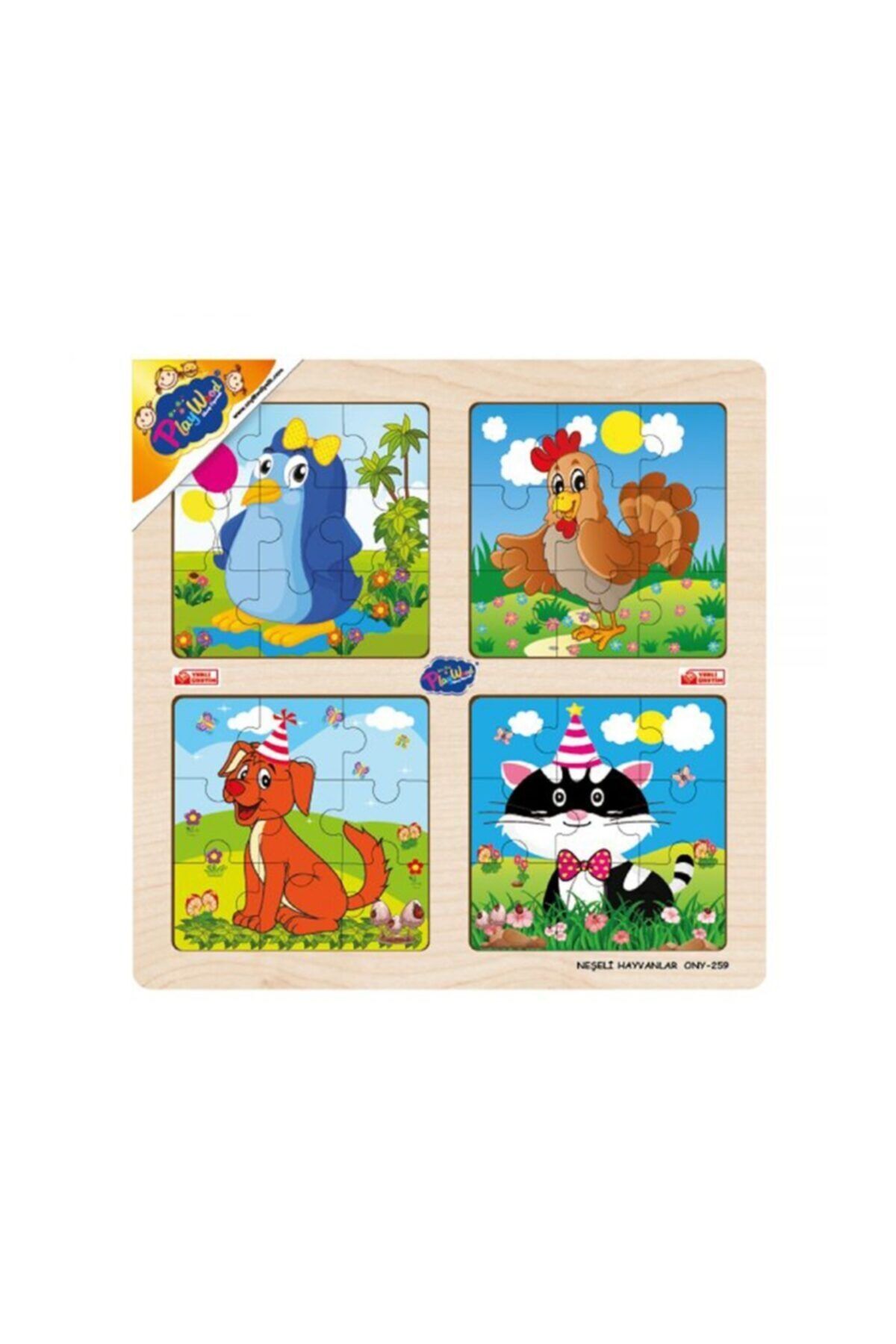 Play Wood Ahşap Eğitici 4'lü Çocuk Bebek Puzzle Oyun Hayvanları Öğreniyorum