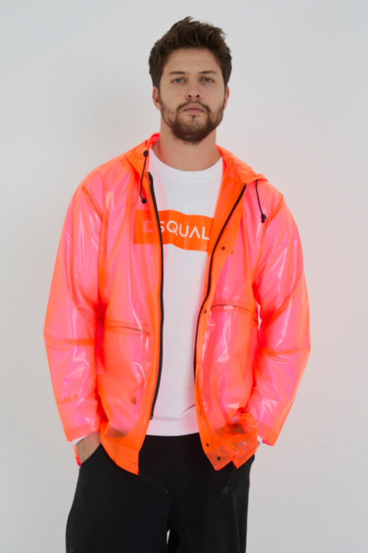 Dsquala Unisex Neon Kırmızı Su Geçirmez Fermuarlı Yağmurluk Rüzgarlık