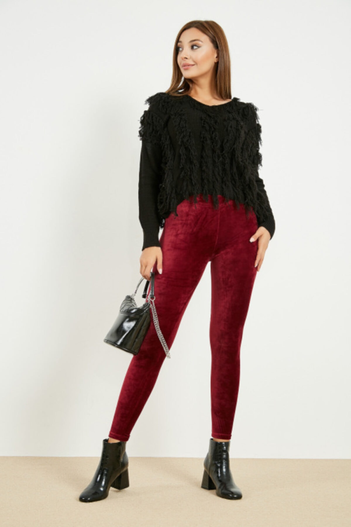 Mom's Lap Kadın Bordo Kadife Kışlık Likralı Tayt