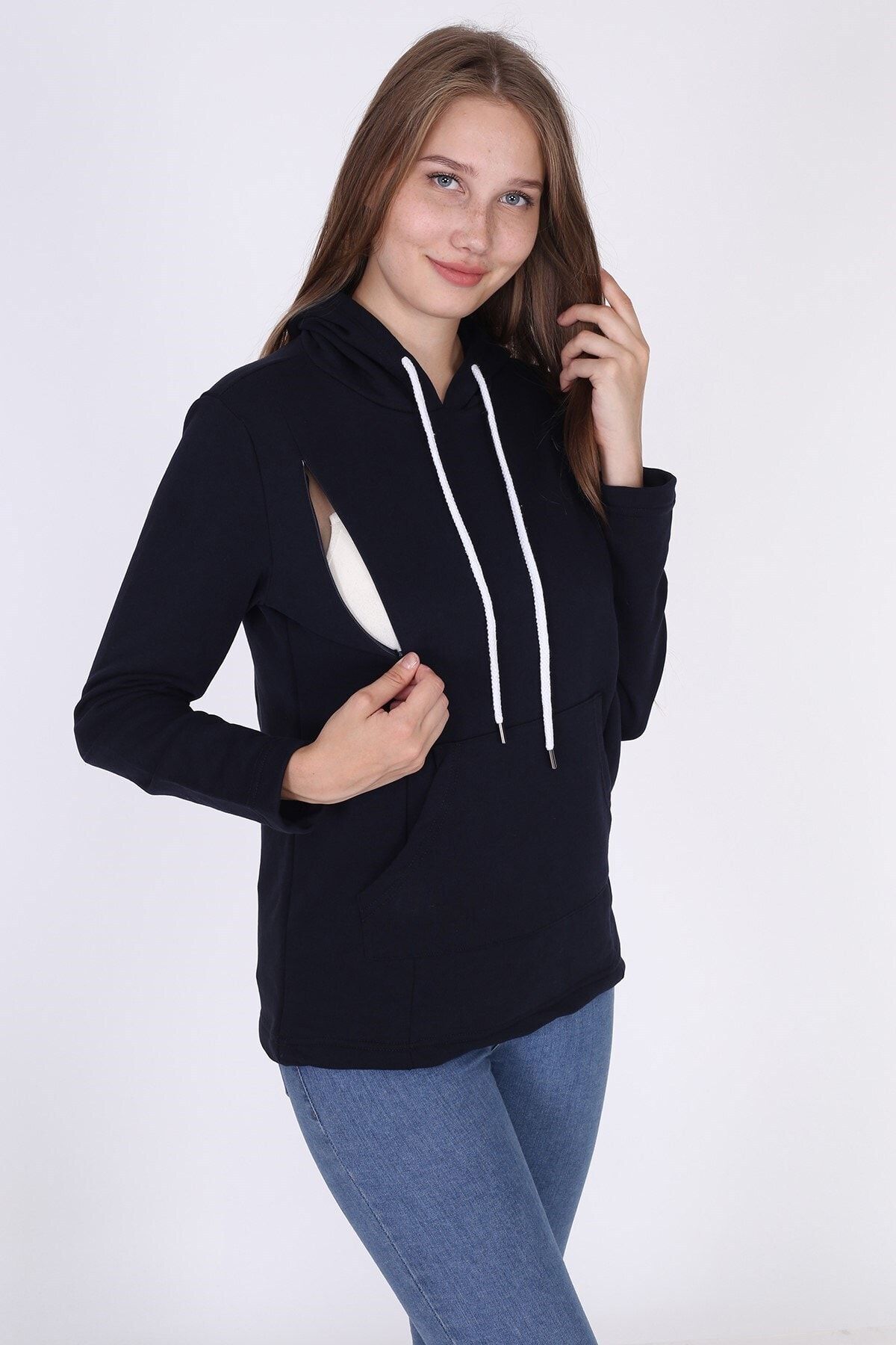 MYRA by LuvmaBelly Kadın Lacivert Pamuklu yandan Fermuarlı Lohusa Emzirme Sweatshirt