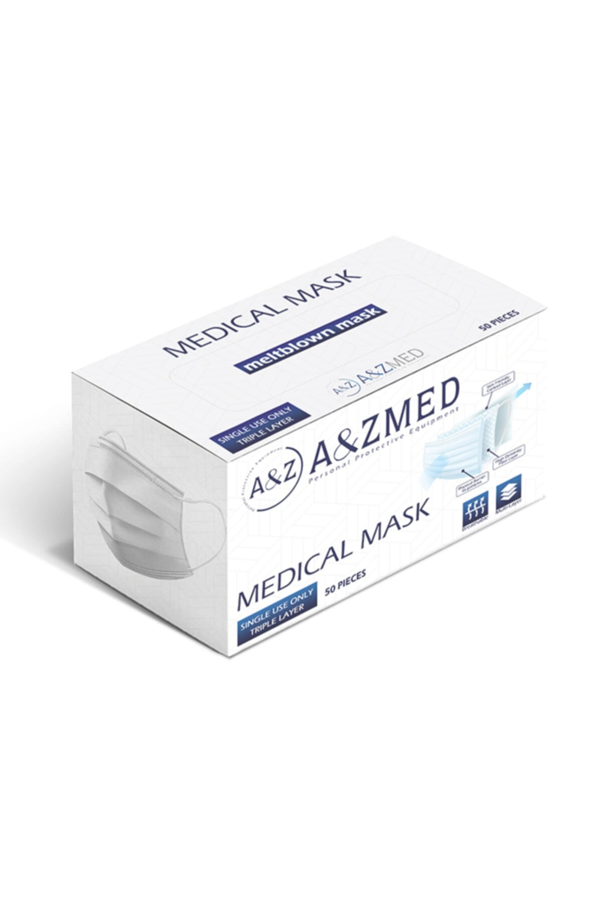 A&Z Med Beyaz 50 Adet Katmanlı 3 Katlı Cerrahi Maske