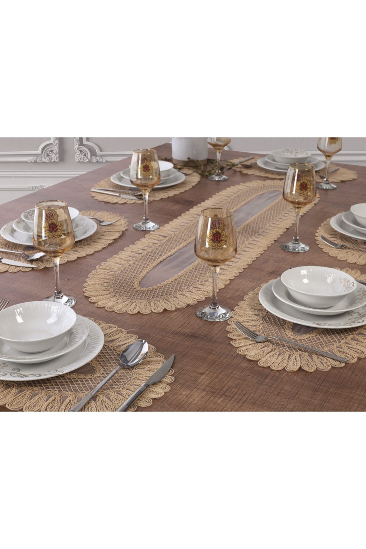 Tropikhome Amerikan Servis Supla Ve Runner Seti 6 Kişilik Set Nakışlı Vivien Bej 7 Parça Masa Ve Sunum Takımı