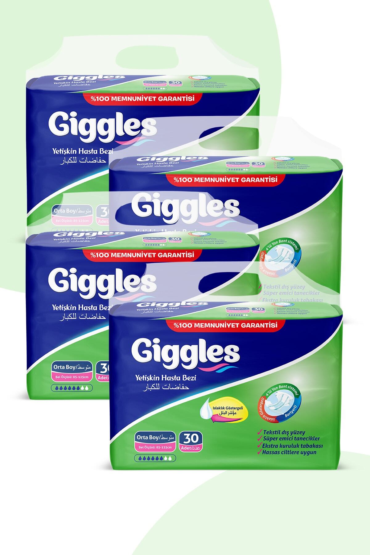 giggles Yetişkin Hasta Bezi Orta Boy (MEDİUM) 4 Paket (120 ADET) Bel Boy: 85 - 125 Cm