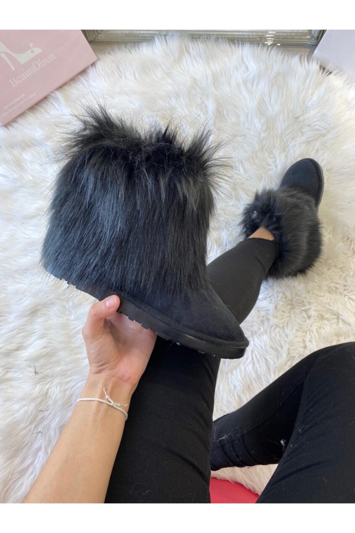 ELSESHOES Kadın Tuylu Mını Sıyah Bot