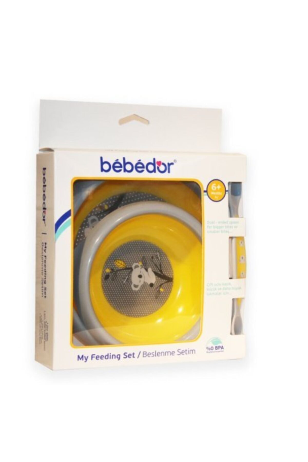 Bebedor Bebek Yemek Seti 3 Lü (1 Adet Tabak, 1 Adet Çukur Tabak, 1 Adet Çift Uçlu Kaşık) Sarı 6+ay