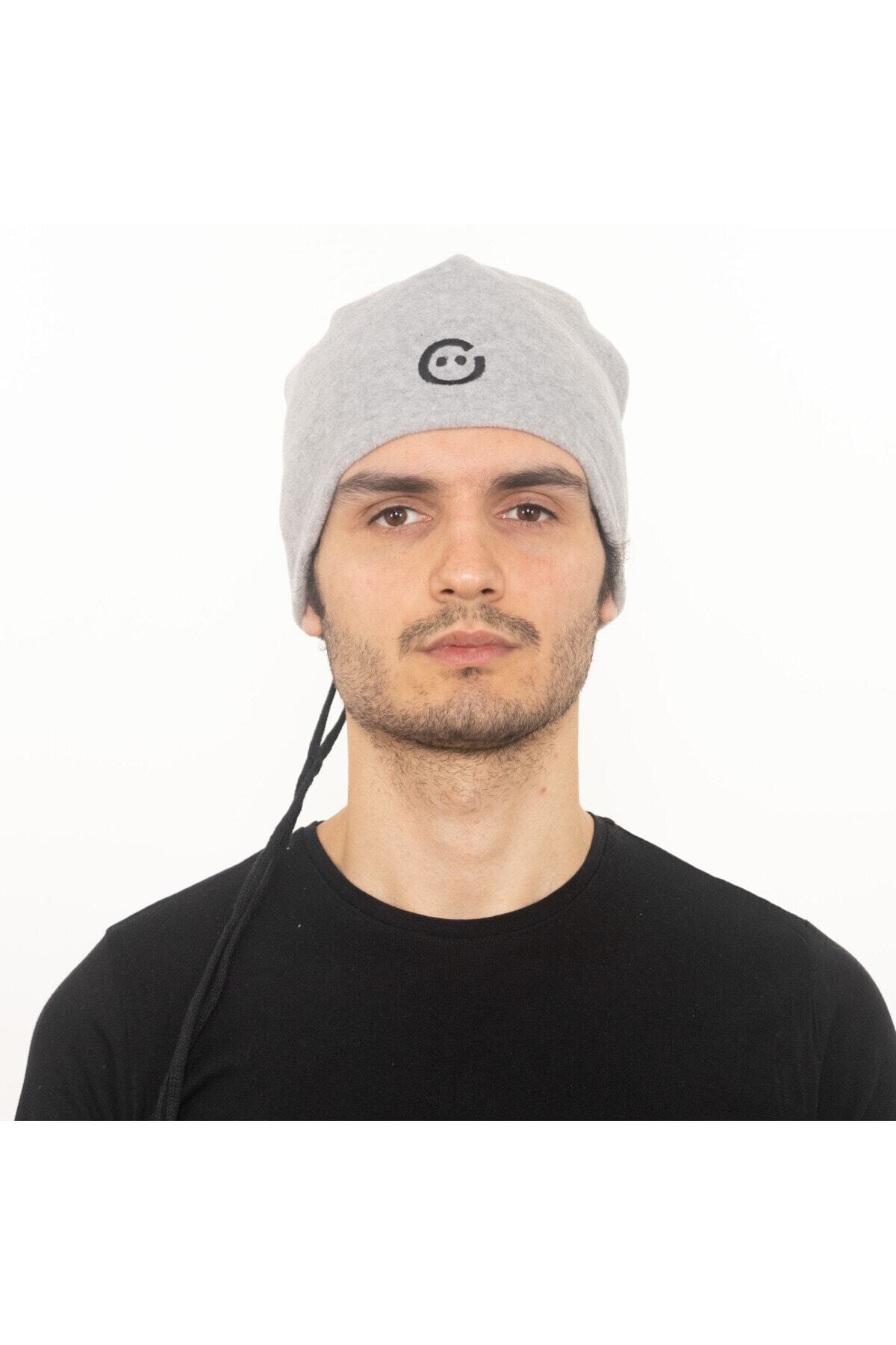 GüleGüleGiy Erkek Gri 3 Fonksiyonlu Logo Nakışlı Polar Boyunluk Bere Maske