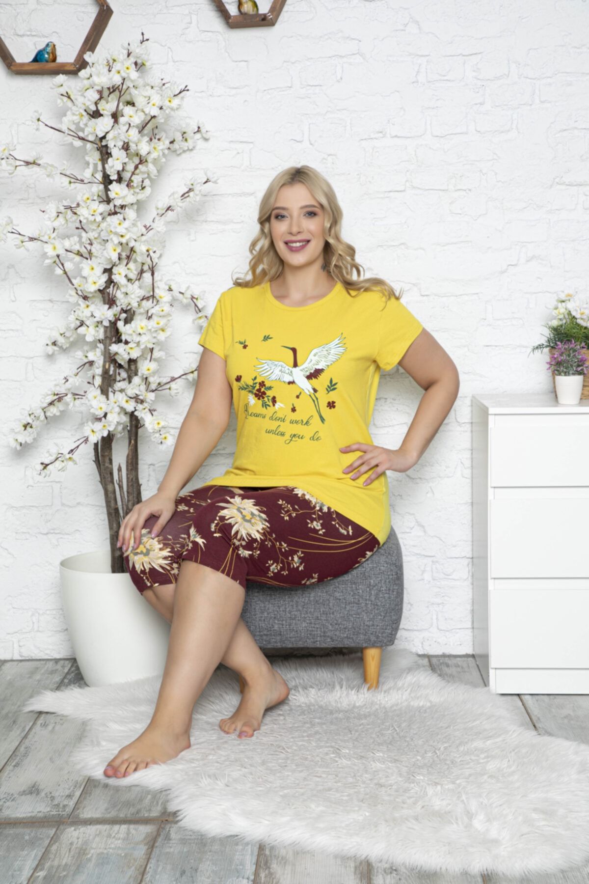 MyBen Kadın Sarı Kapri Pijama Takımı  50064