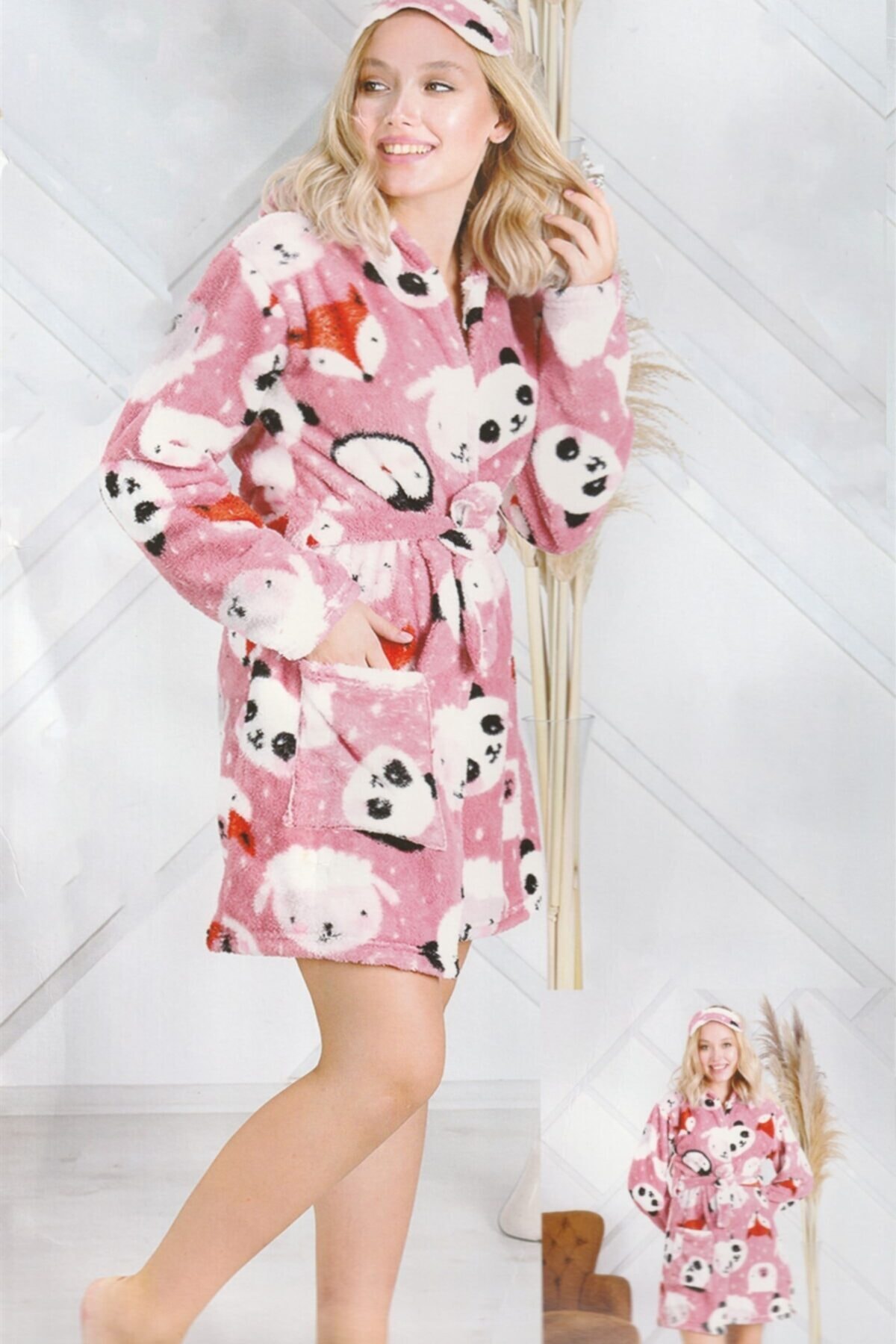 fames Kadın Pembe Nakışlı Kapüşonlu Wellsoft Sabahlık