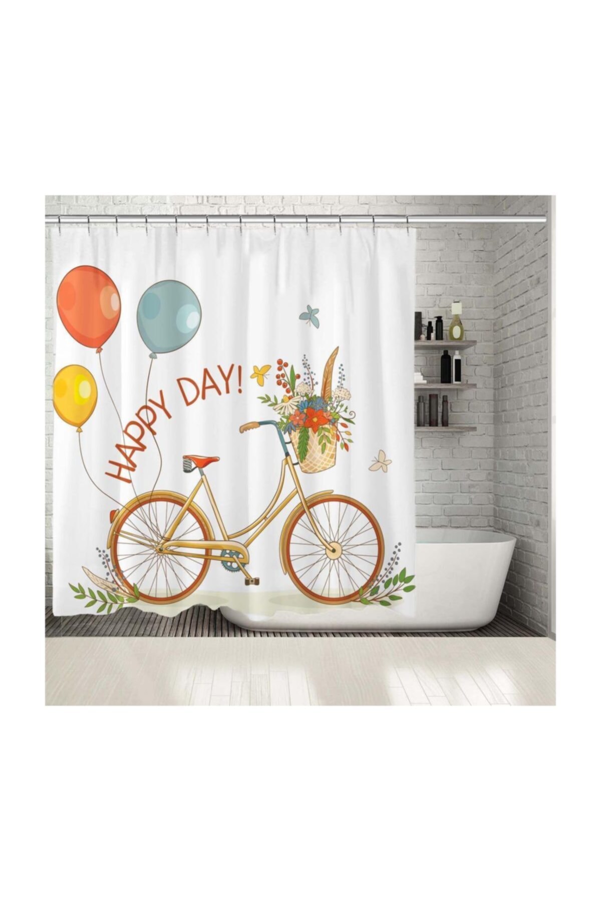 Henge Home Baskılı Duş Perde Şirin Sepetli Bisiklet Balon Desenli Turuncu