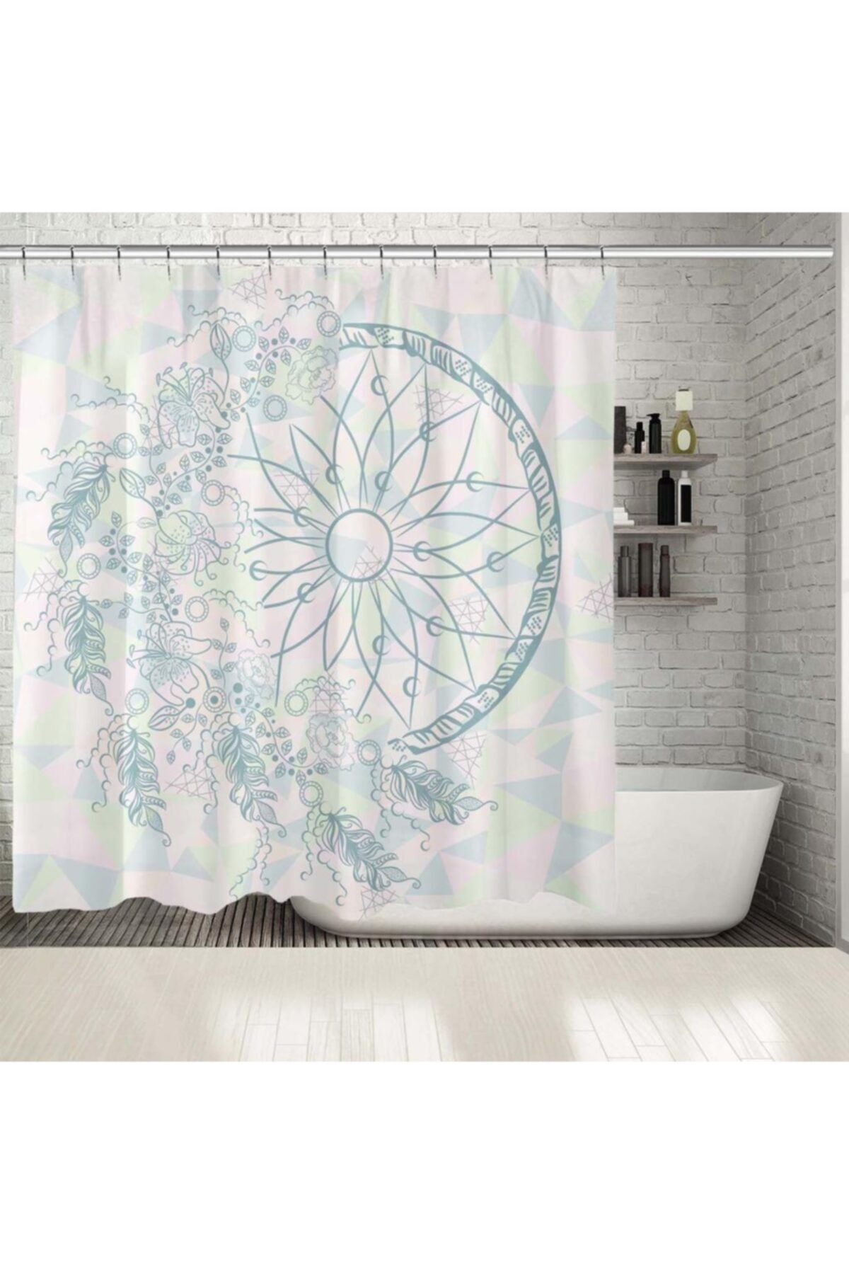 Henge Home Baskılı Duş Perde Geometrik Kuş Tüyü Çember Desenli Pembe Yeşil