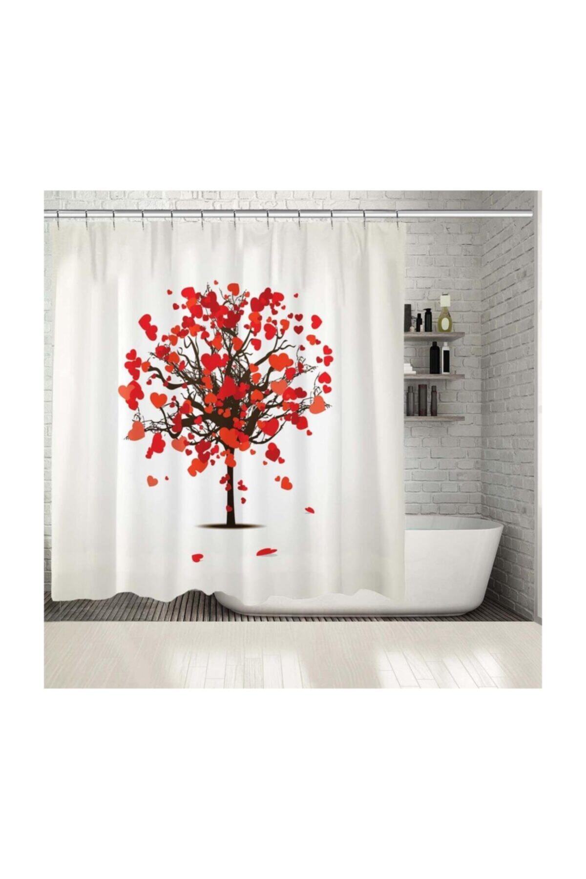 Henge Home Baskılı Duş Perde Kırmızı Kalpli Ağaç Aşk Romantik Dekoratif