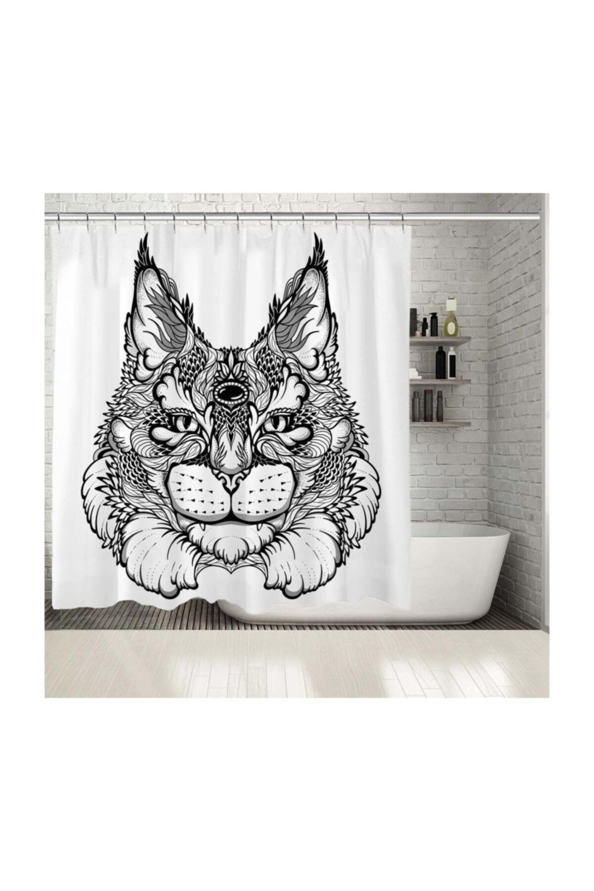 Henge Home Baskılı Duş Perde Başak Kedi Desenli Siyah Beyaz