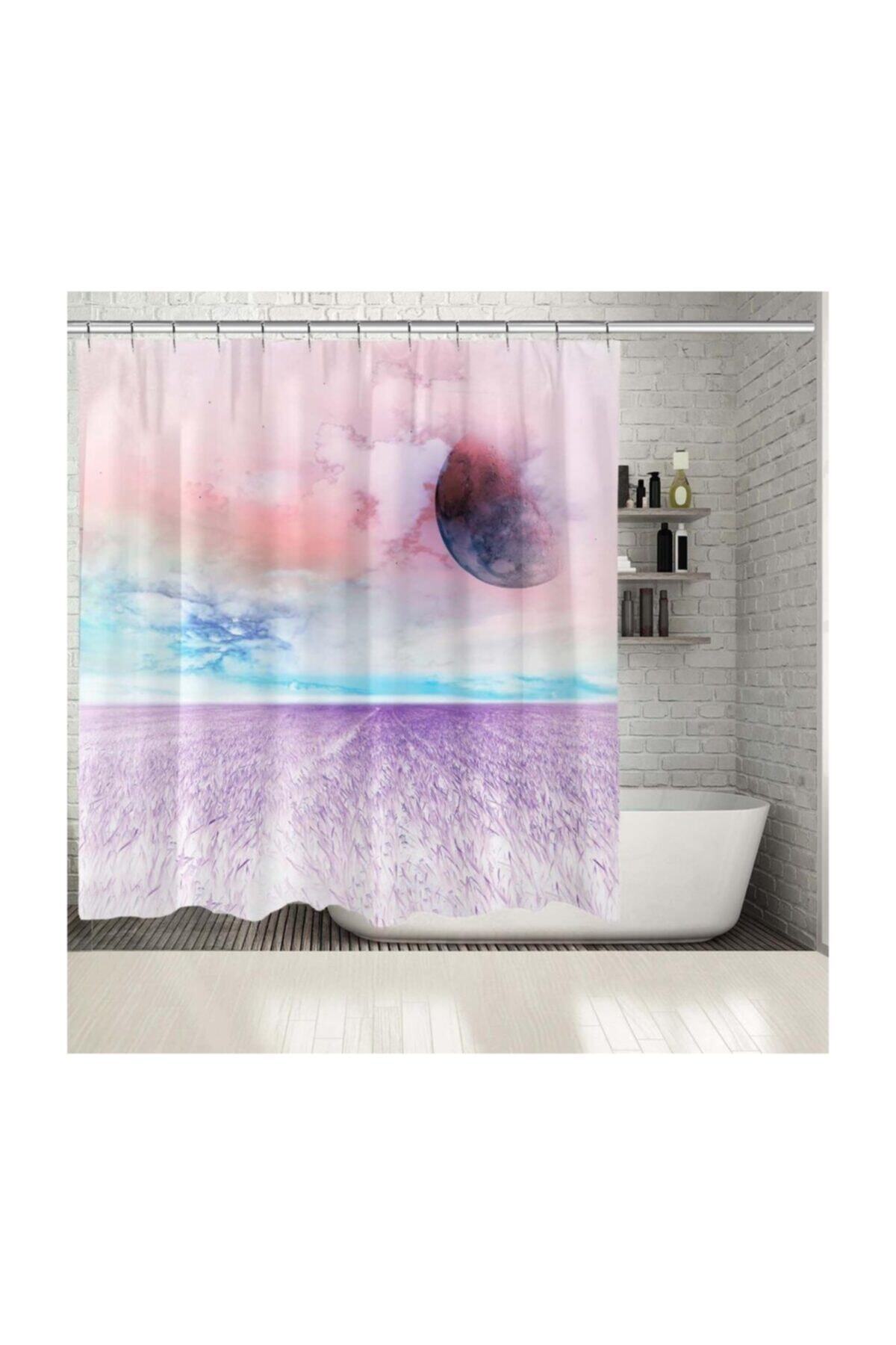 Henge Home Baskılı Duş Perde Gökyüzü Doğa Ay Manzara Desenli Mavi Mor