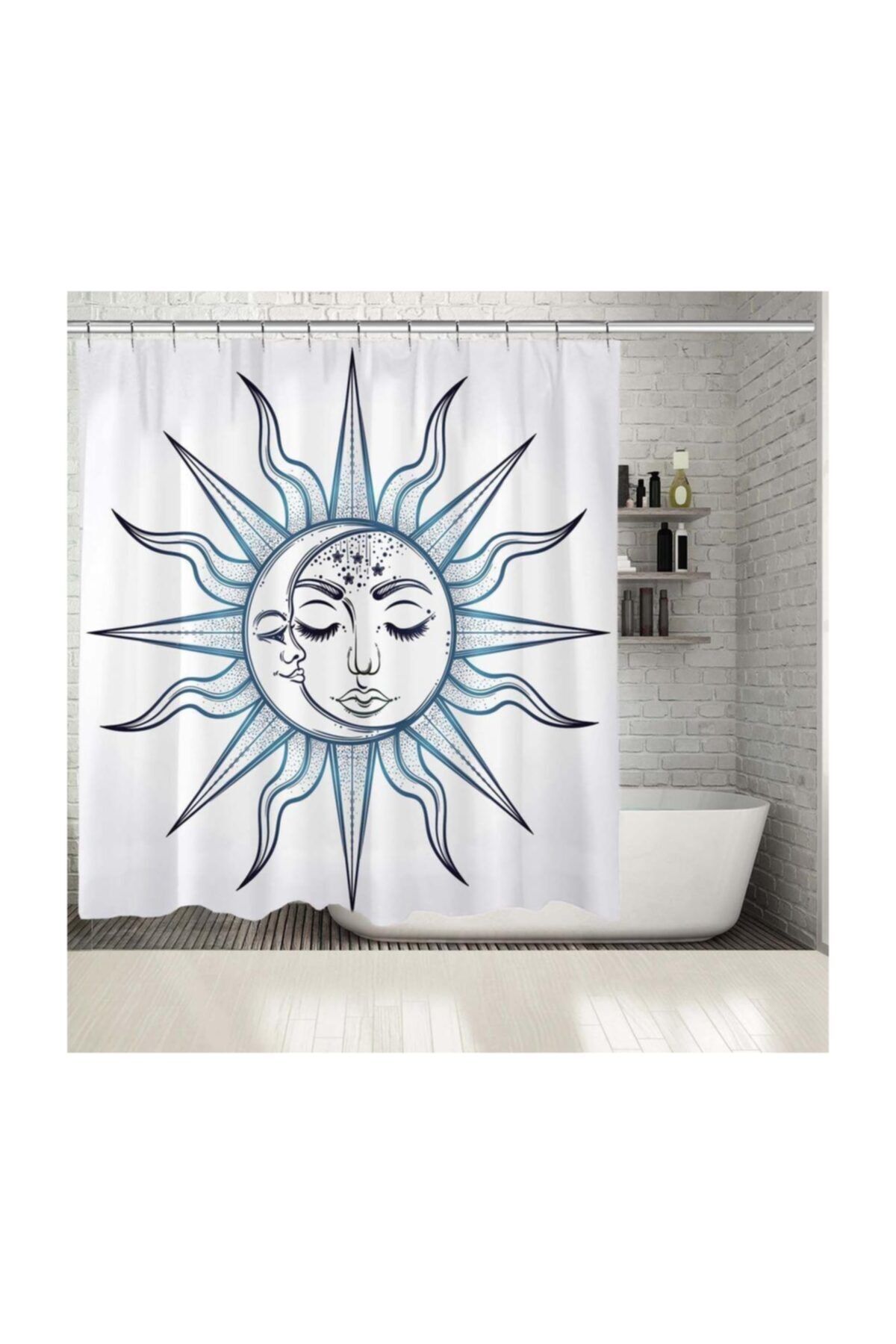 Henge Home Baskılı Duş Perde Güneş Ve Ay Görüntü Desenli Mavi