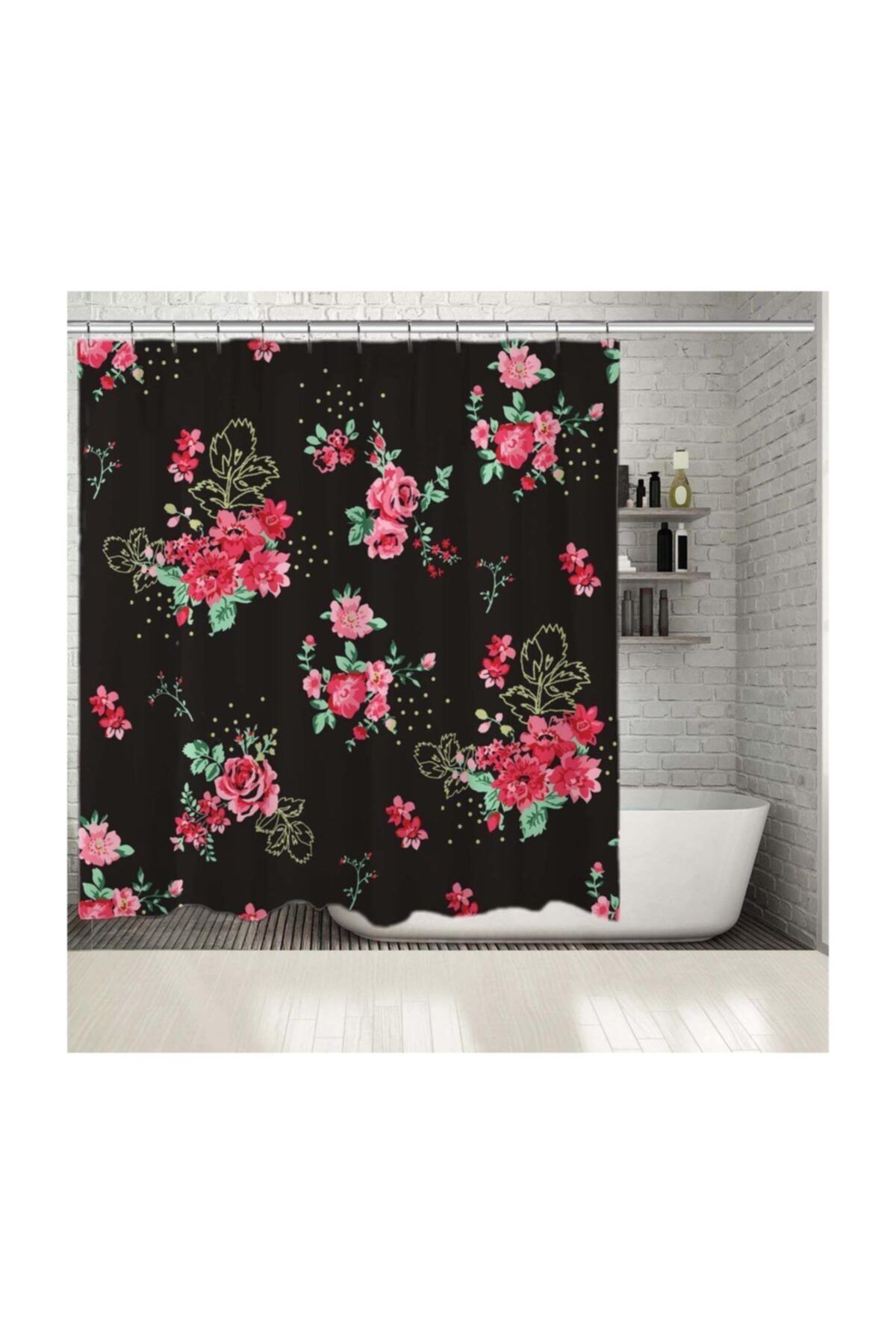 Henge Home Baskılı Duş Perde Pembe Siyah Gül Çiçek Desenli