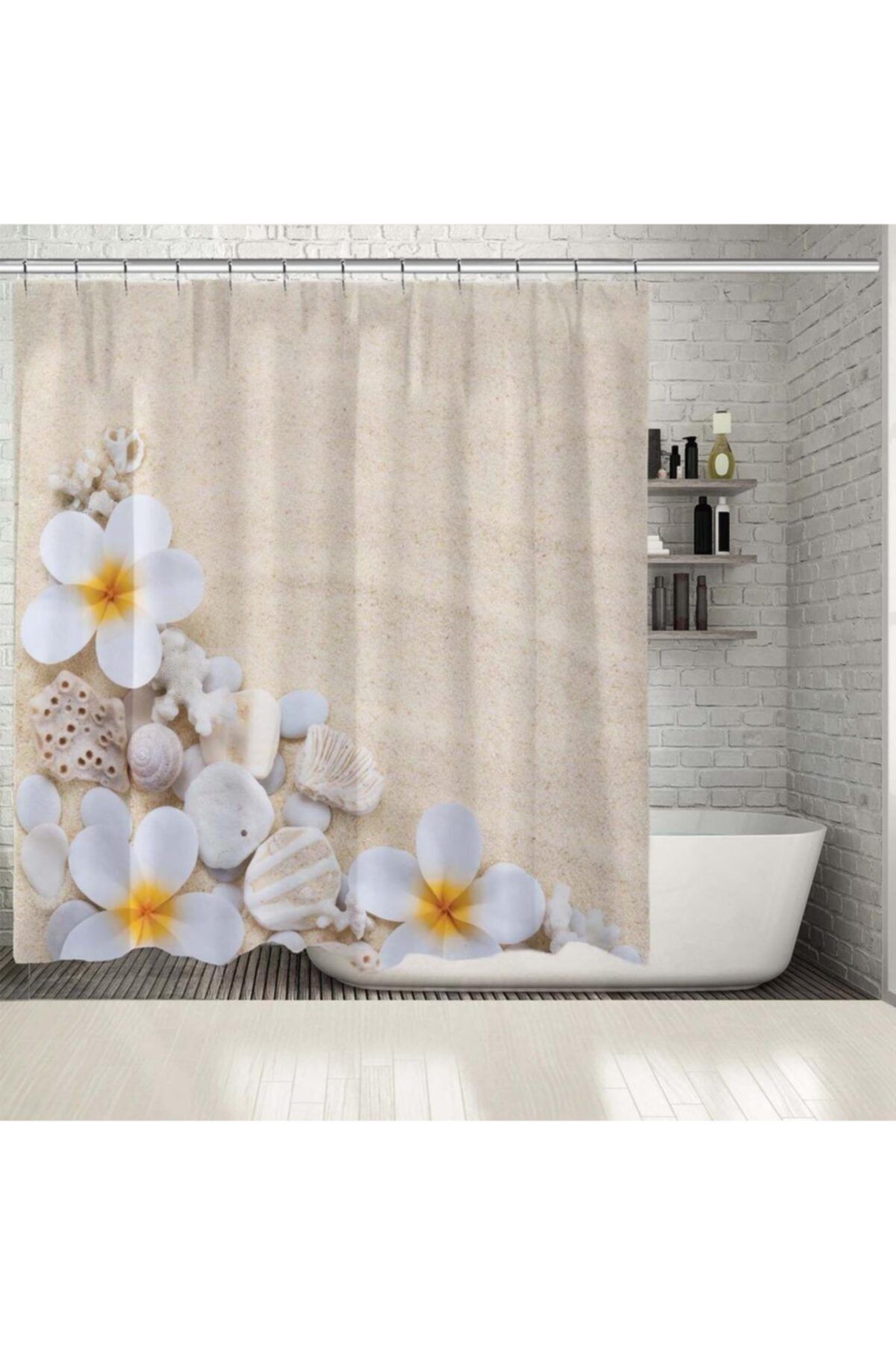 Henge Home Baskılı Duş Perde Sahil Kum Deniz Kabuğu Desenli Krem Rengi