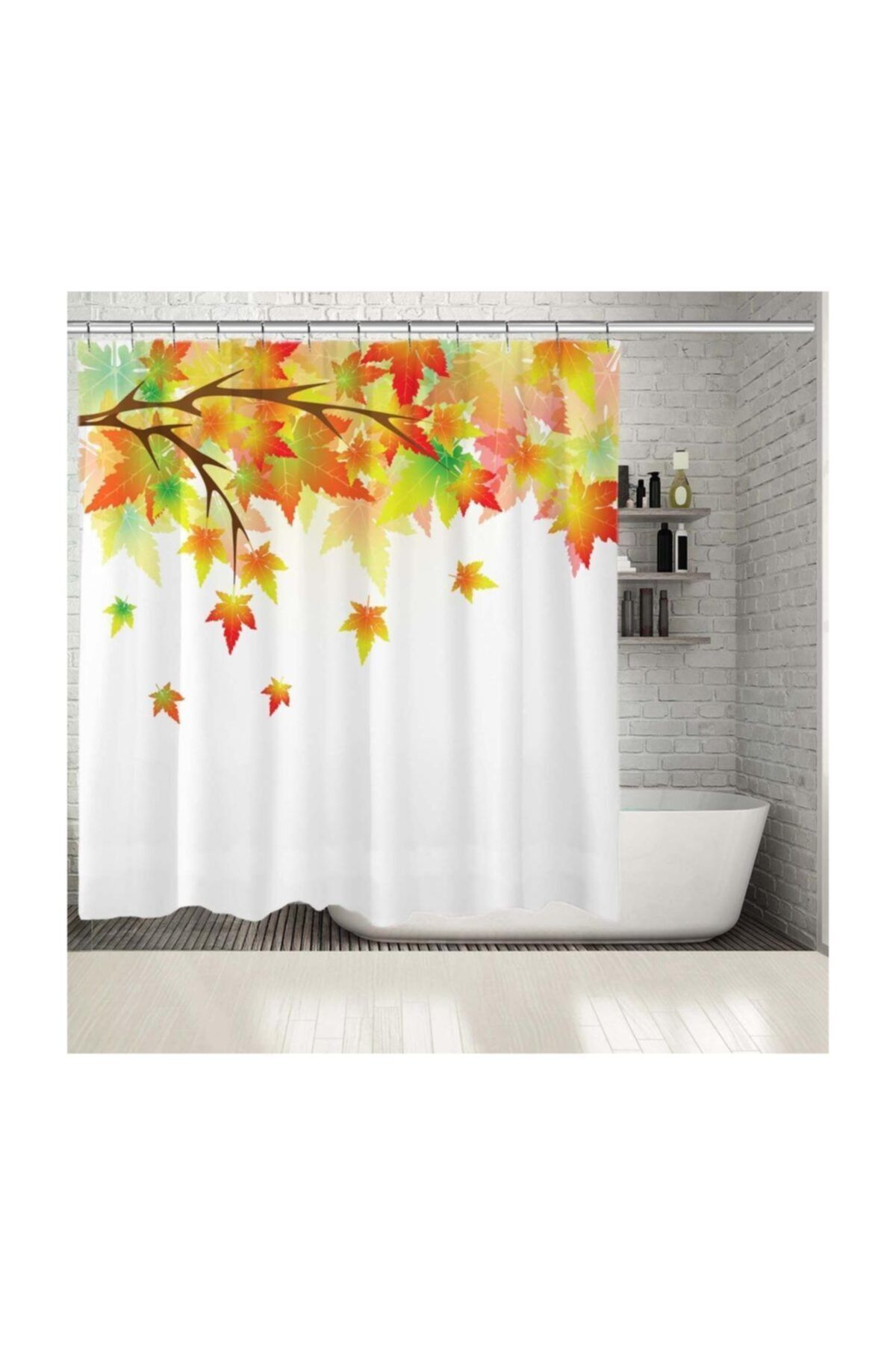 Henge Home Baskılı Duş Perde Sarı Sonbahar Yaprak Desenli Sarı