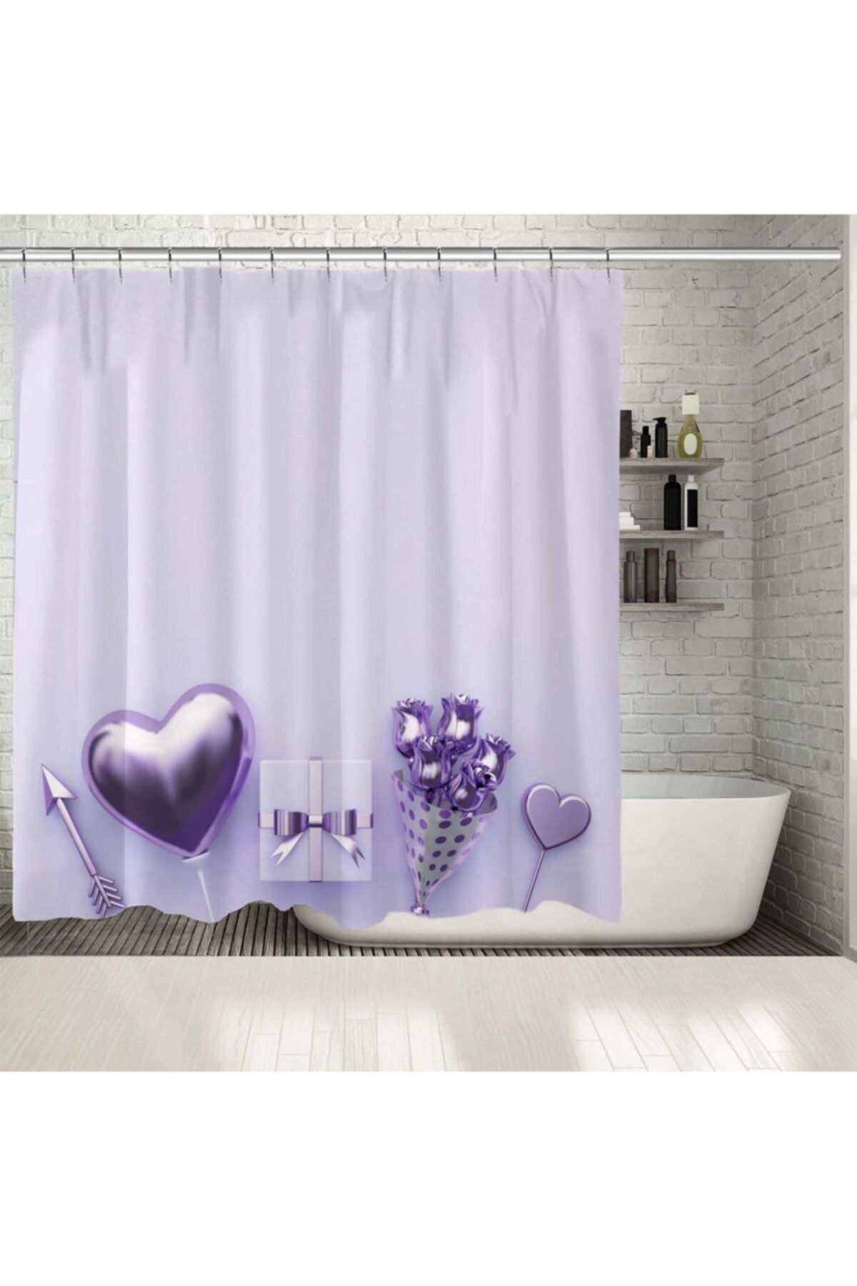 Henge Home Baskılı Duş Perde Mor Lila Renkli Çiçek Buketi ve Kalpli Desenli