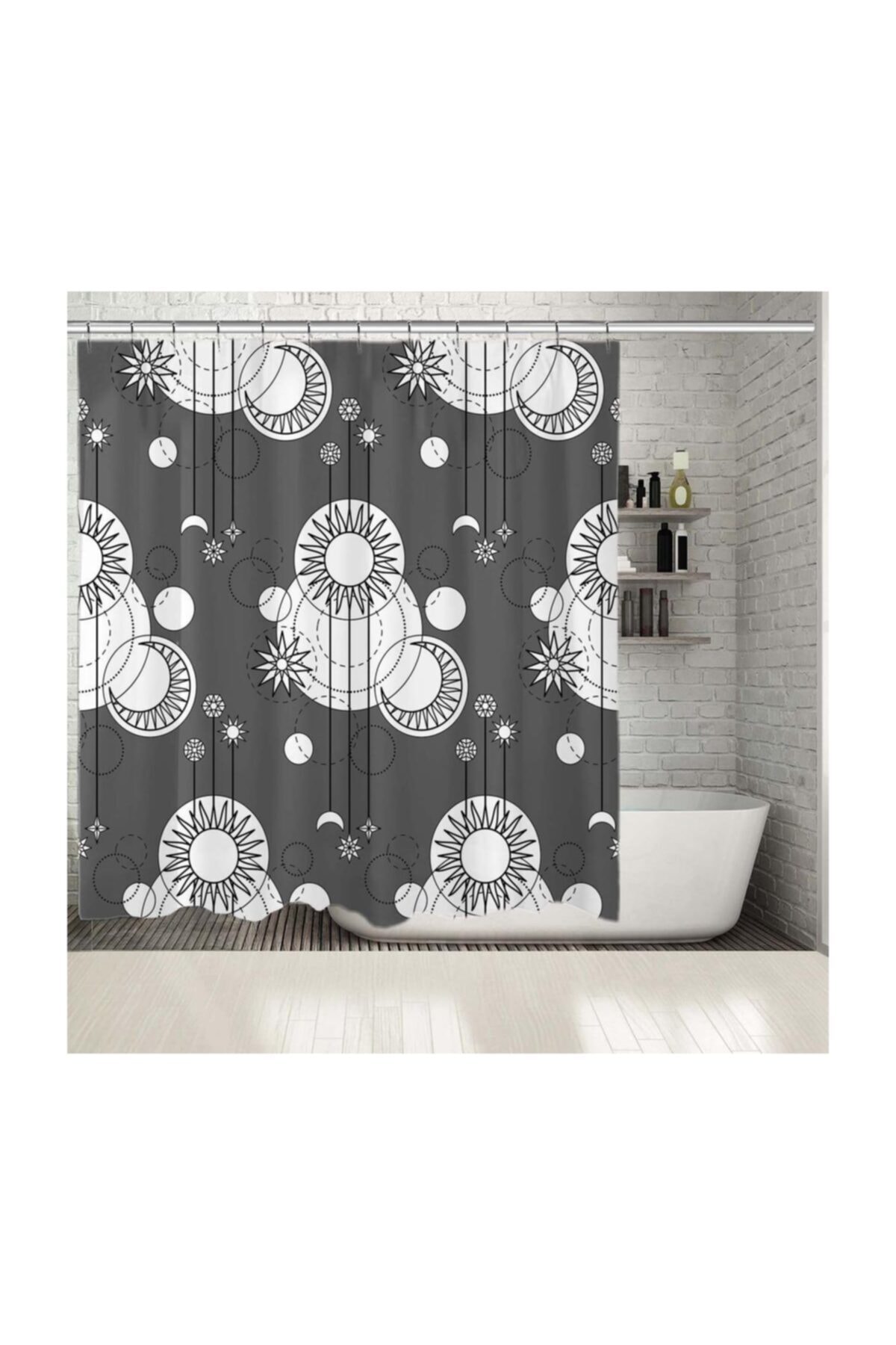 Henge Home Baskılı Duş Perde Yuvarlak Desen Etkili Ay Ve Güneş Desenli