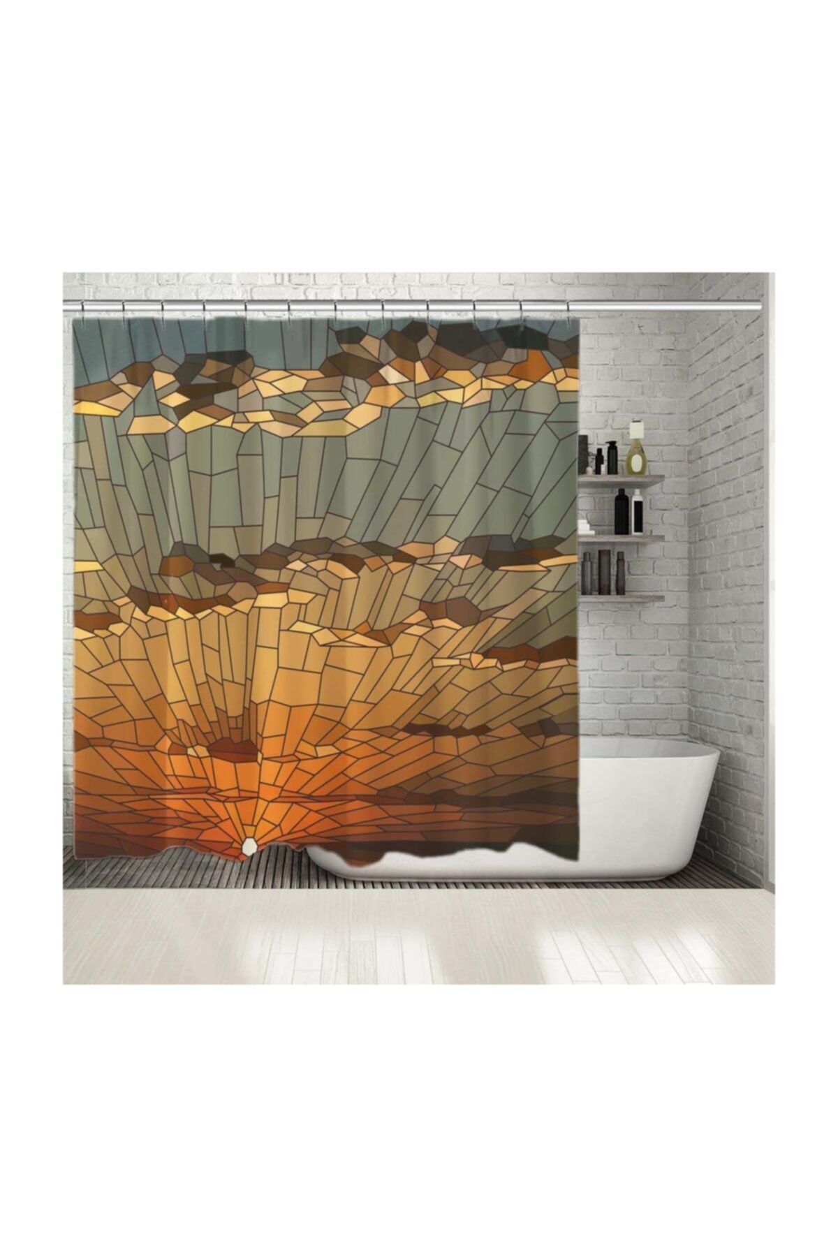 Henge Home Baskılı Duş Perde Günbatımı Vitray Desenli Turuncu Kahverengi