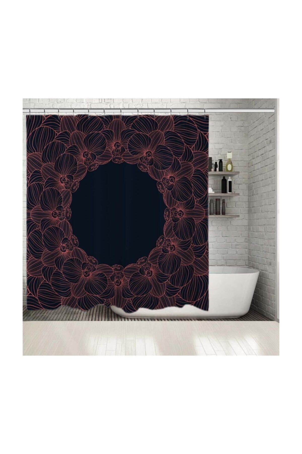 Henge Home Baskılı Duş Perde Daire Dışına Genişleyen Dizilmiş Orkide Desenli