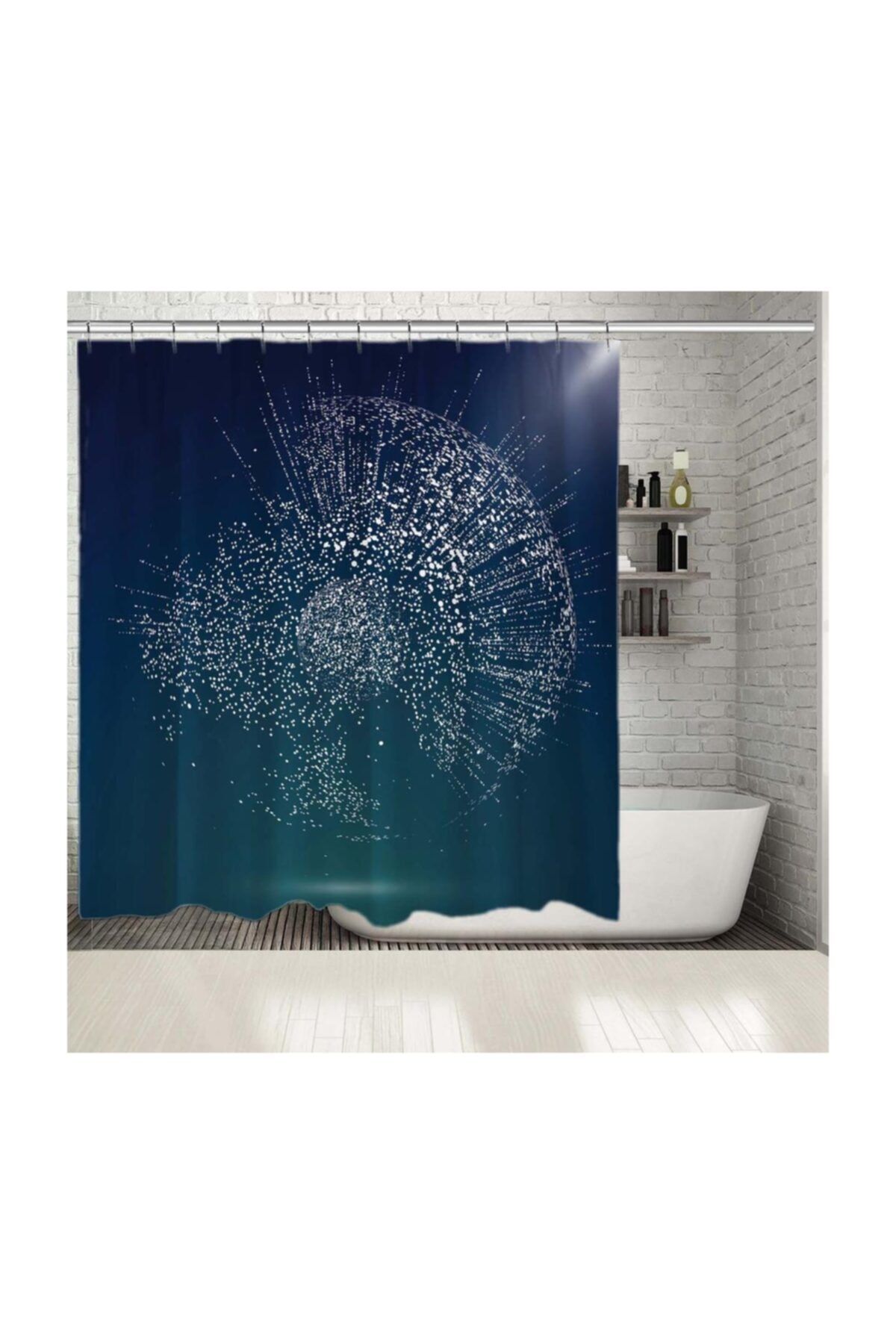 Henge Home Baskılı Duş Perde Geometrik Top Işıltılı Nokta Desenli Mavi
